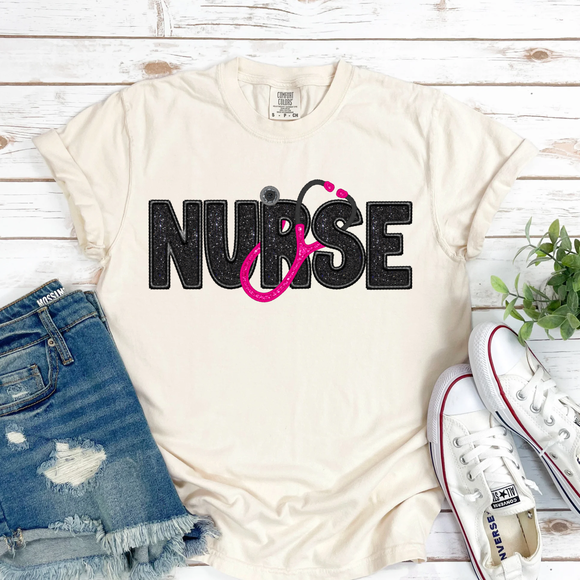 Faux Embroidered Nurse - IVORY TEE