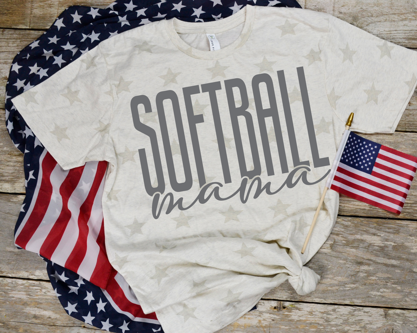 Tall Softball Mama Gray Script Tan Star Tee