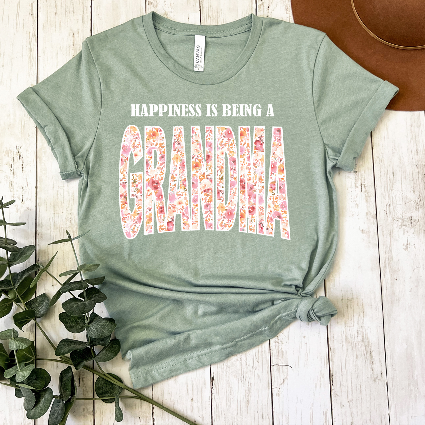 Happiness is Being a Grandma Sage Green Tee