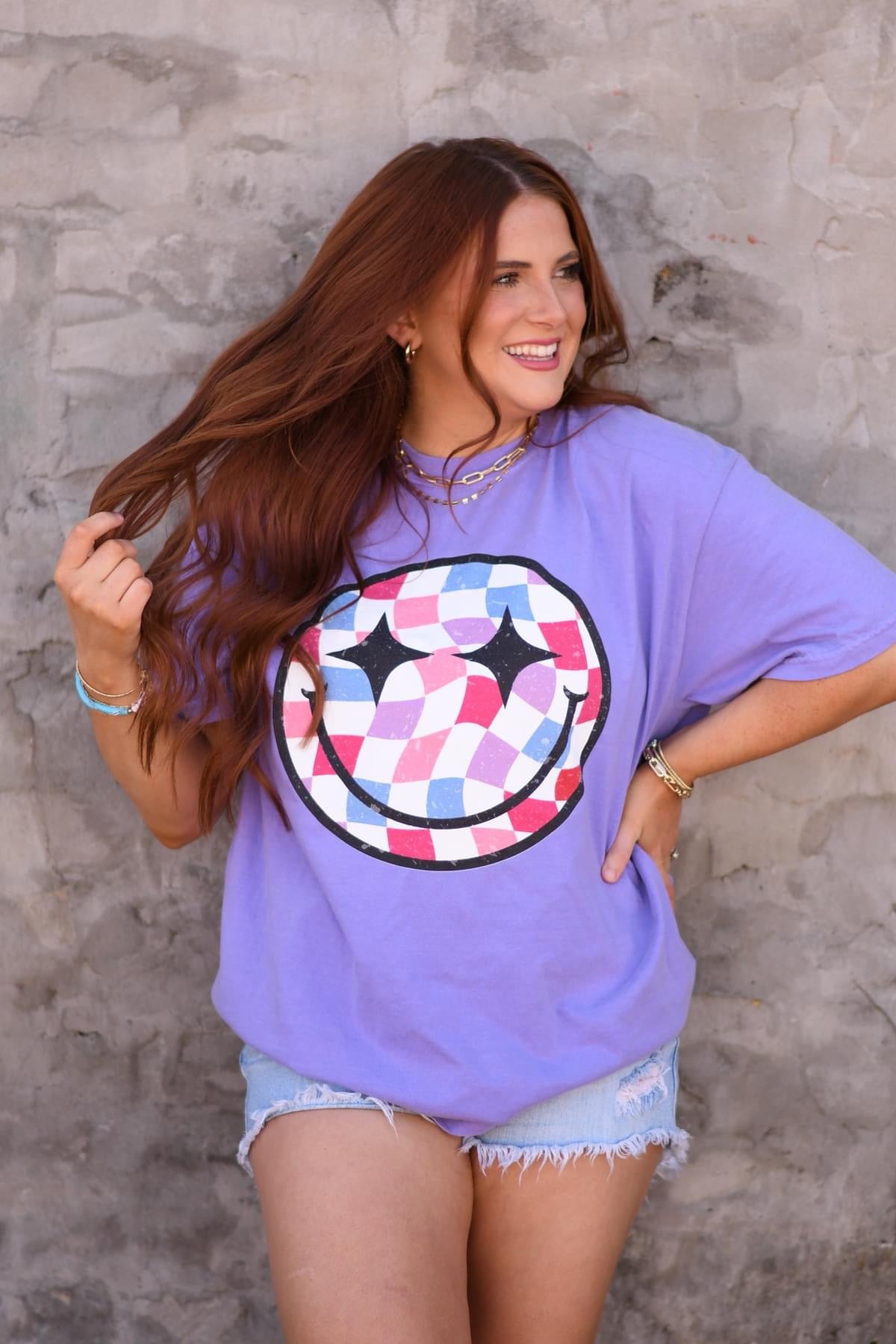 CHECKERED SMILEY - VIOLET TEE