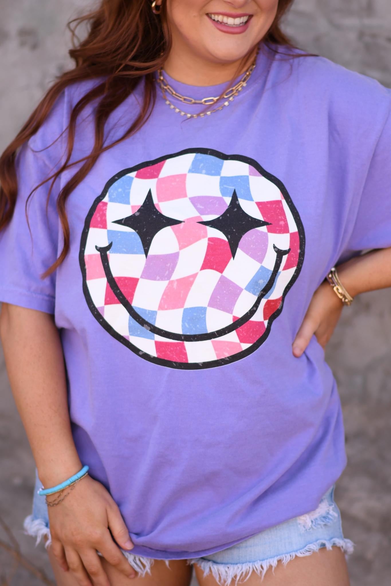 CHECKERED SMILEY - VIOLET TEE