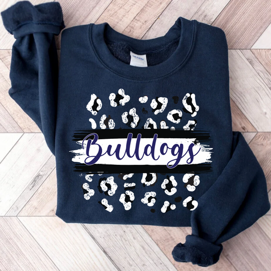 BULLDOGS SCRIPT & LEOPARD - NAVY CREWNECK