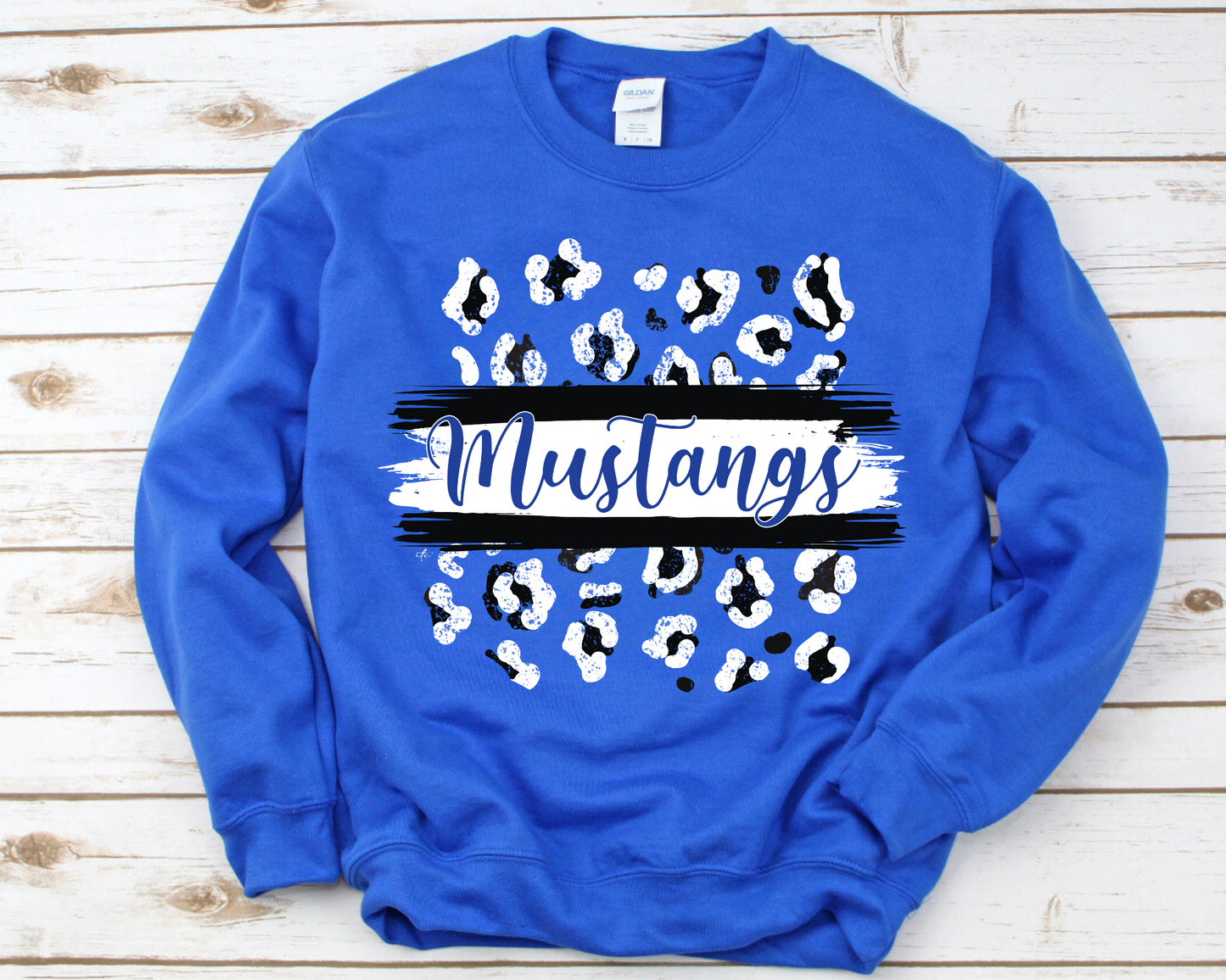 Mustangs Black and White Leopard Blue Crewneck