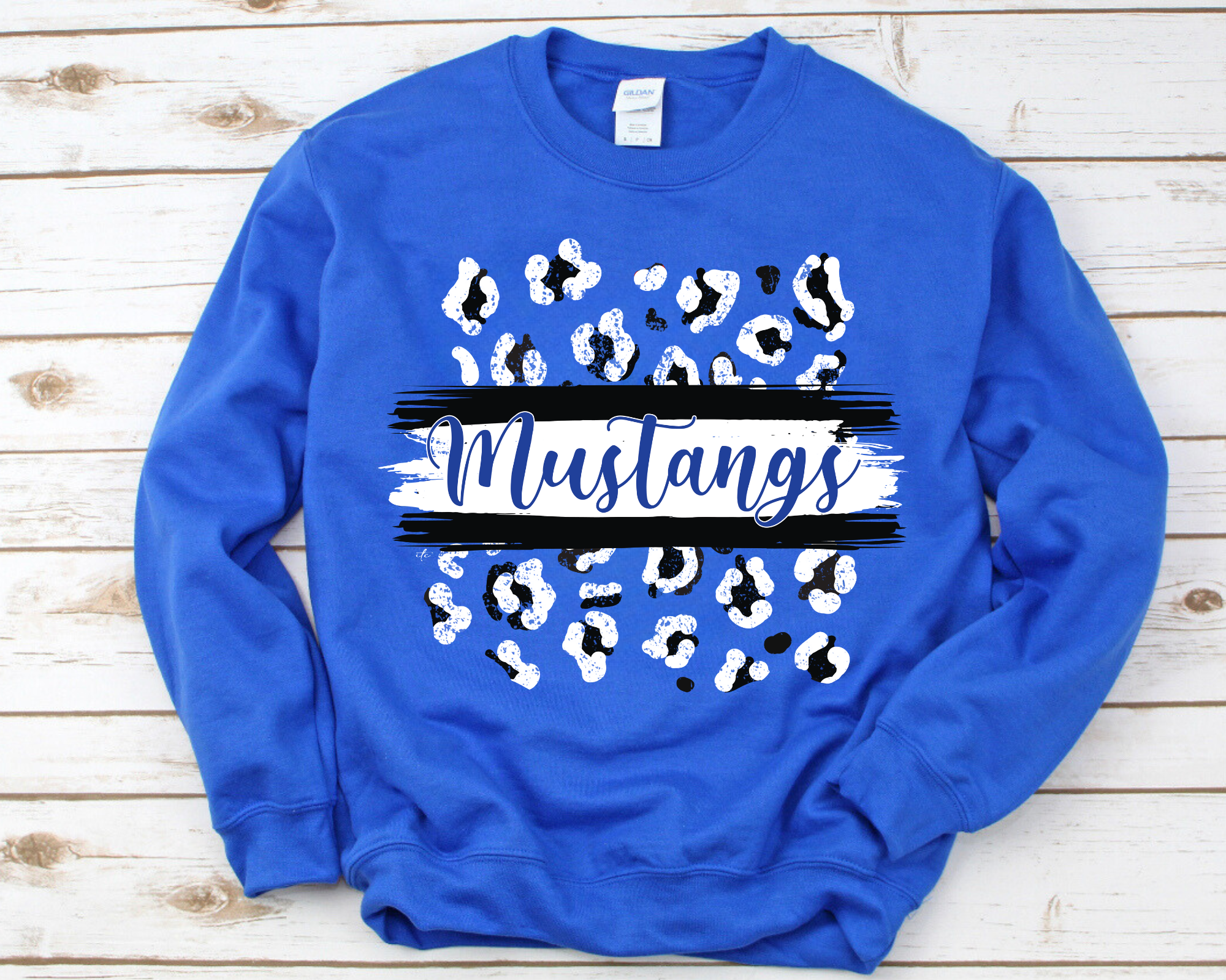 Mustangs Black and White Leopard - Blue Crewneck