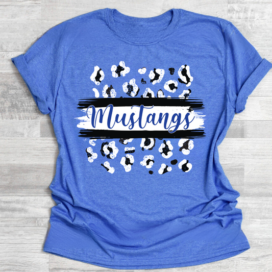 Mustangs Black and White Leopard Blue Tee