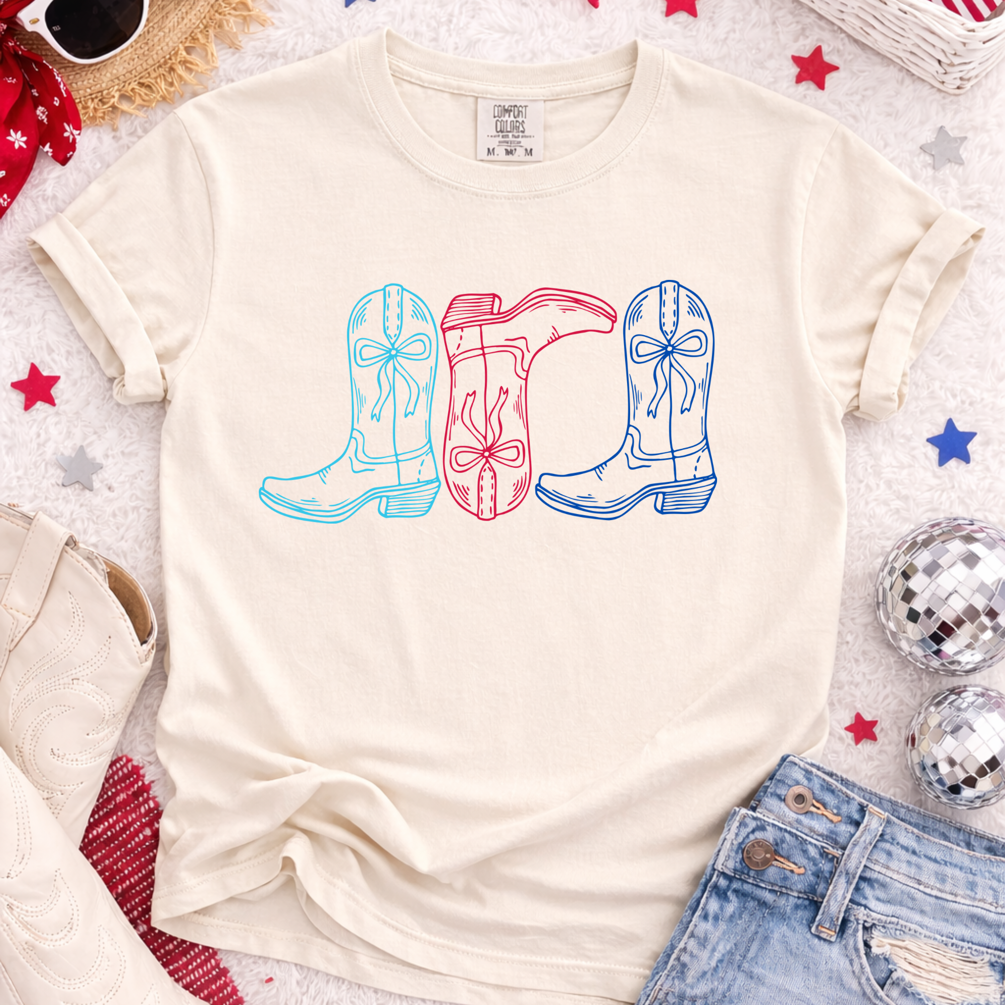Red White & Blue Cowgirl Boots - Ivory Tee