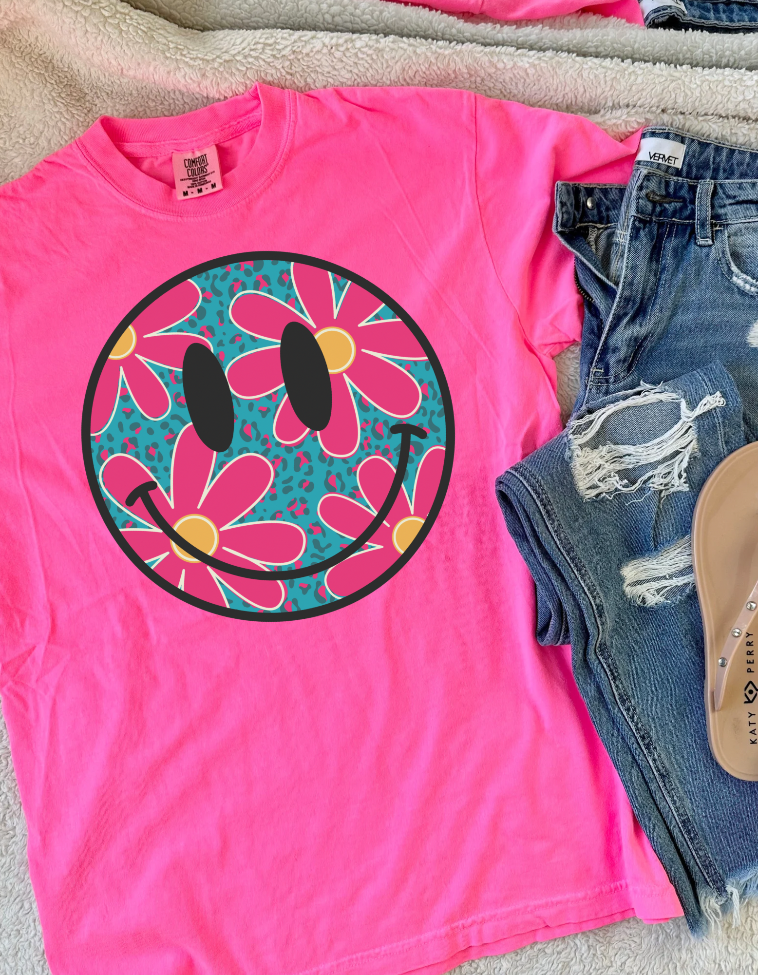 Pink and Blue Leopard Smiley Pink Tee