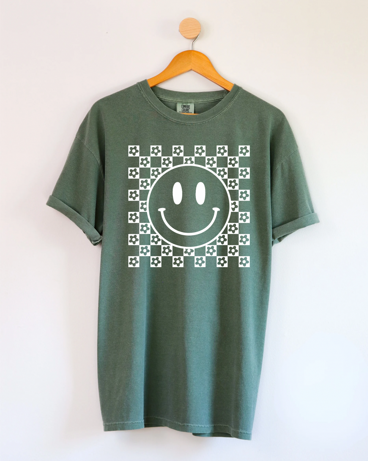 CHECKERED FLORAL SMILEY - MOSS TEE