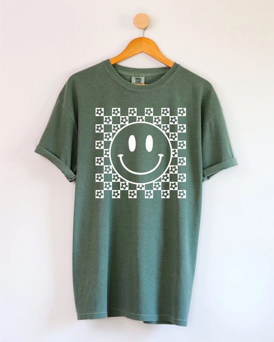 CHECKERED FLORAL SMILEY - MOSS TEE