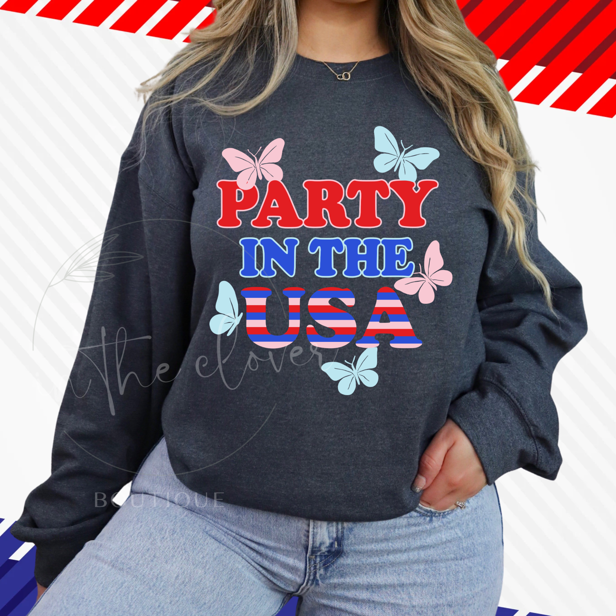 PARTY IN THE USA BUTTERFLIES - DARK HEATHER CREWNECK