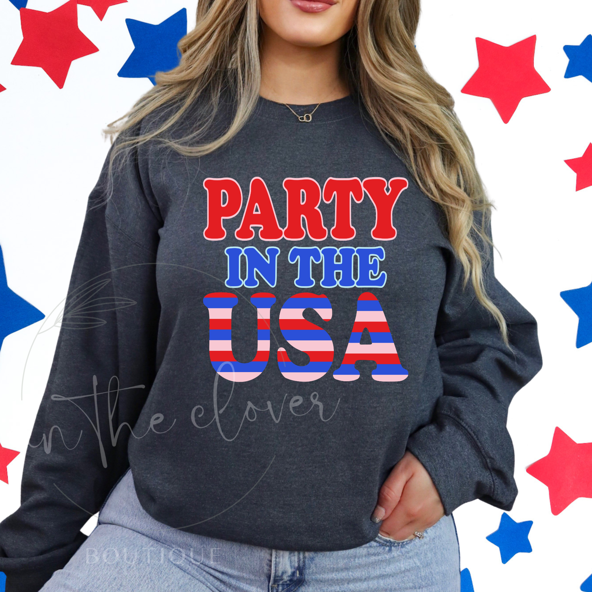 PARTY IN THE USA STRIPED - DARK HEATHER CREWNECK