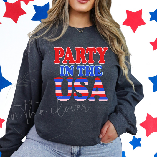 PARTY IN THE USA STRIPED - DARK HEATHER CREWNECK