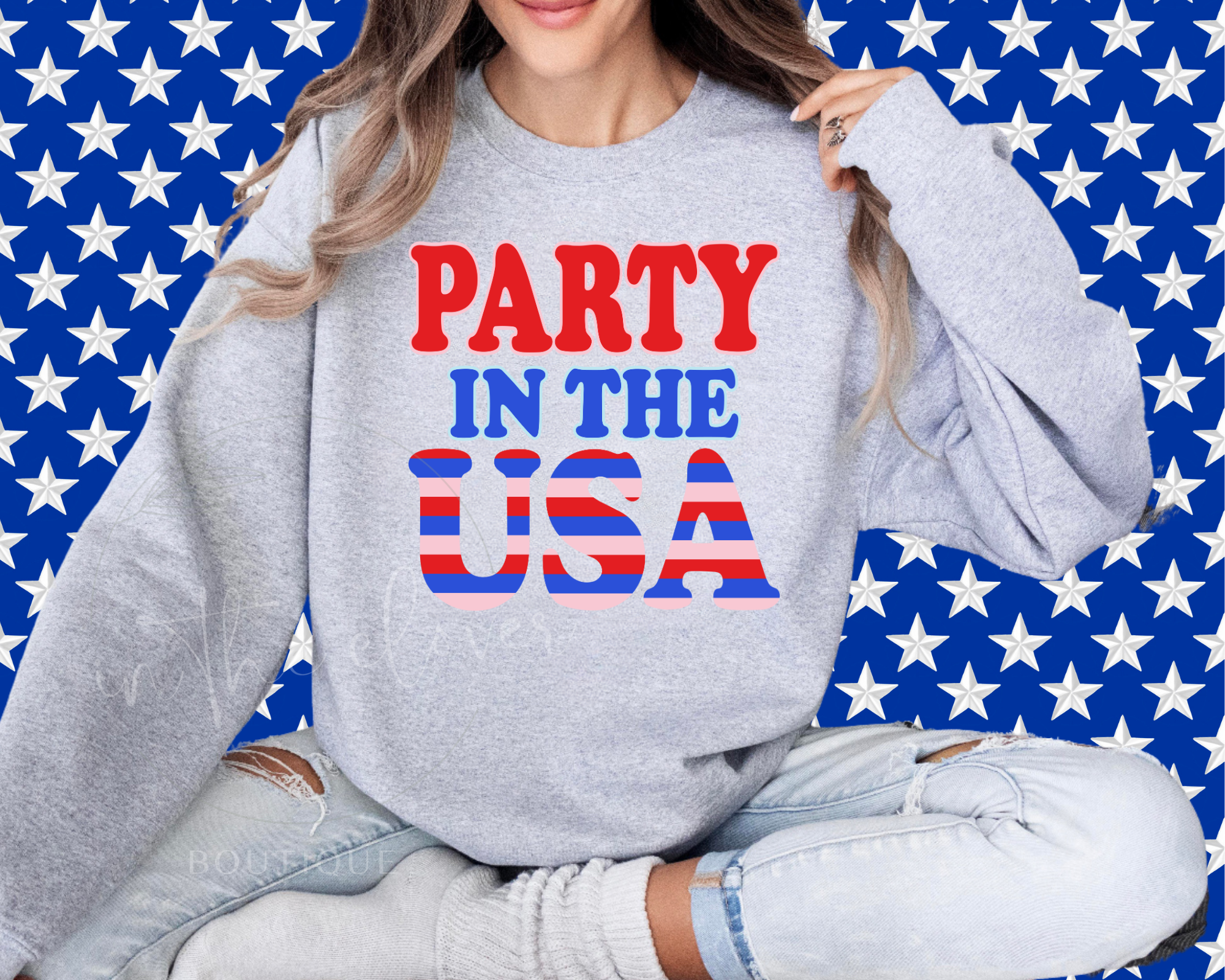 PARTY IN THE USA STRIPED - ASH CREWNECK