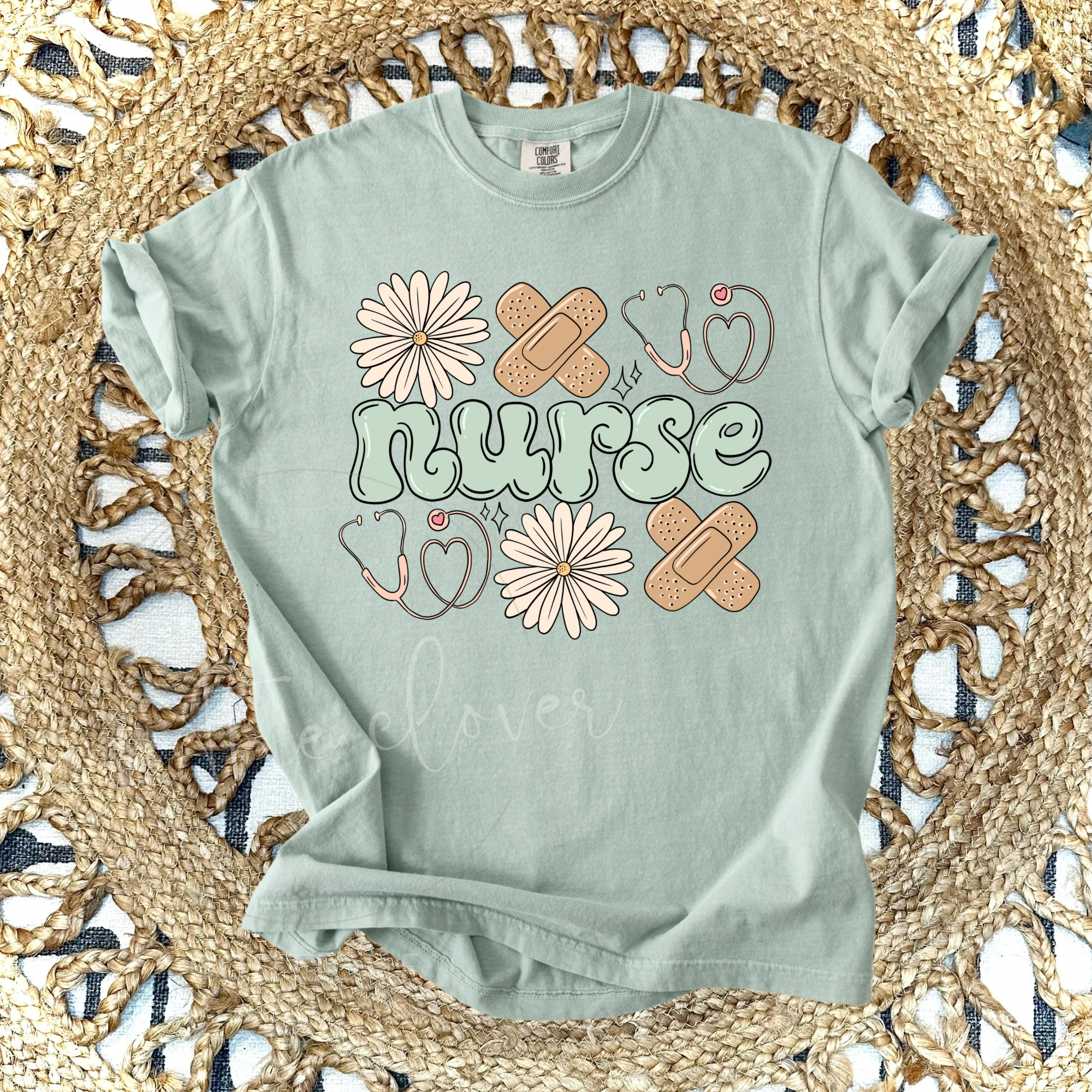 NURSE FLORAL COLLAGE - MUTED GREEN TEE