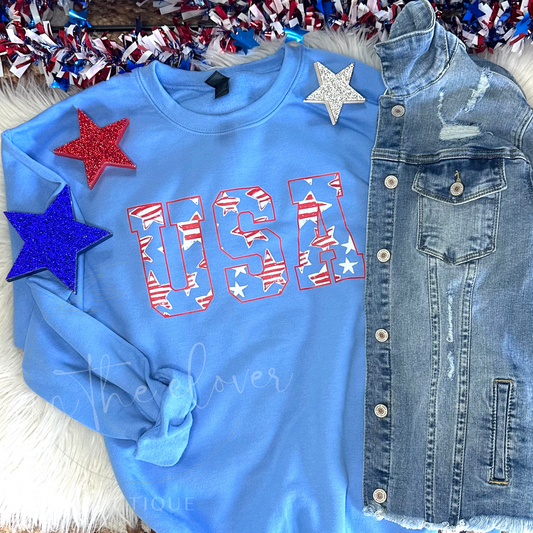 STRIPED STAR USA VARSITY FONT - BLUE CREWNECK