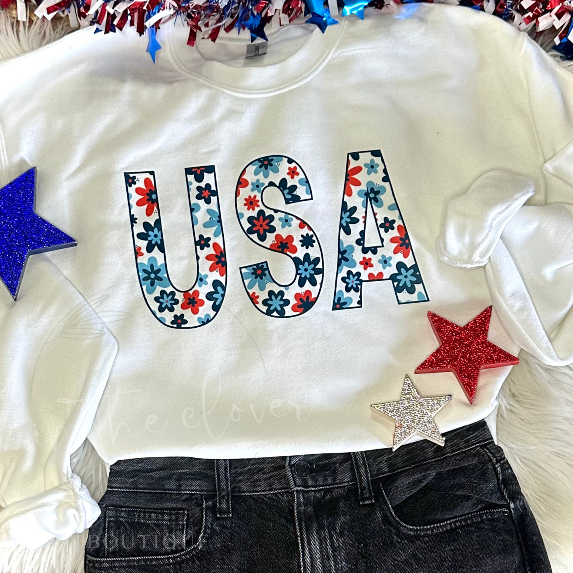 FLORAL USA, VARSITY FONT - WHITE CREWNECK