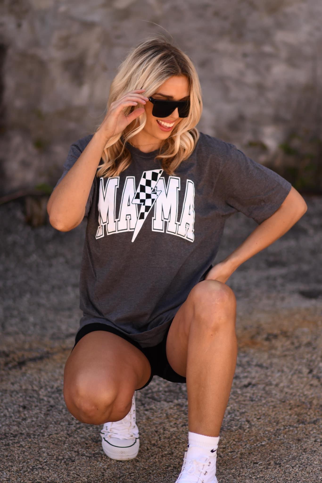 WHITE MAMA CHECKERED LIGHTNING BOLT - DARK CHARCOAL TEE