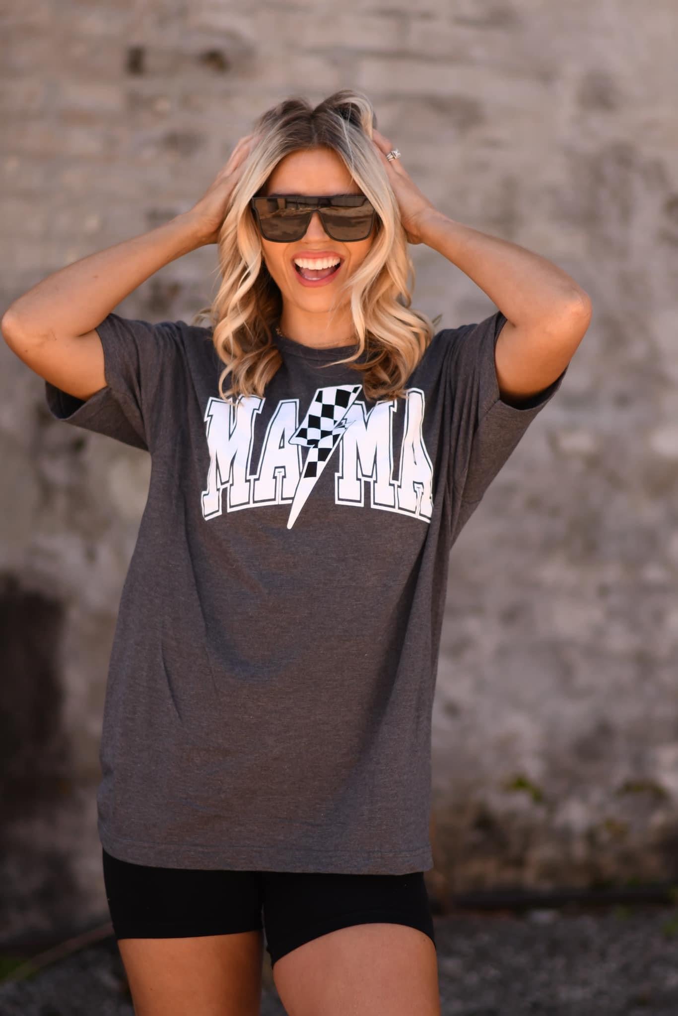 WHITE MAMA CHECKERED LIGHTNING BOLT - DARK CHARCOAL TEE