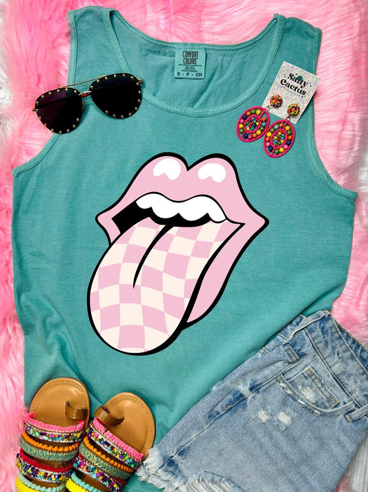 Pink Checkered Tongue Seafoam Comfort Colors Tank