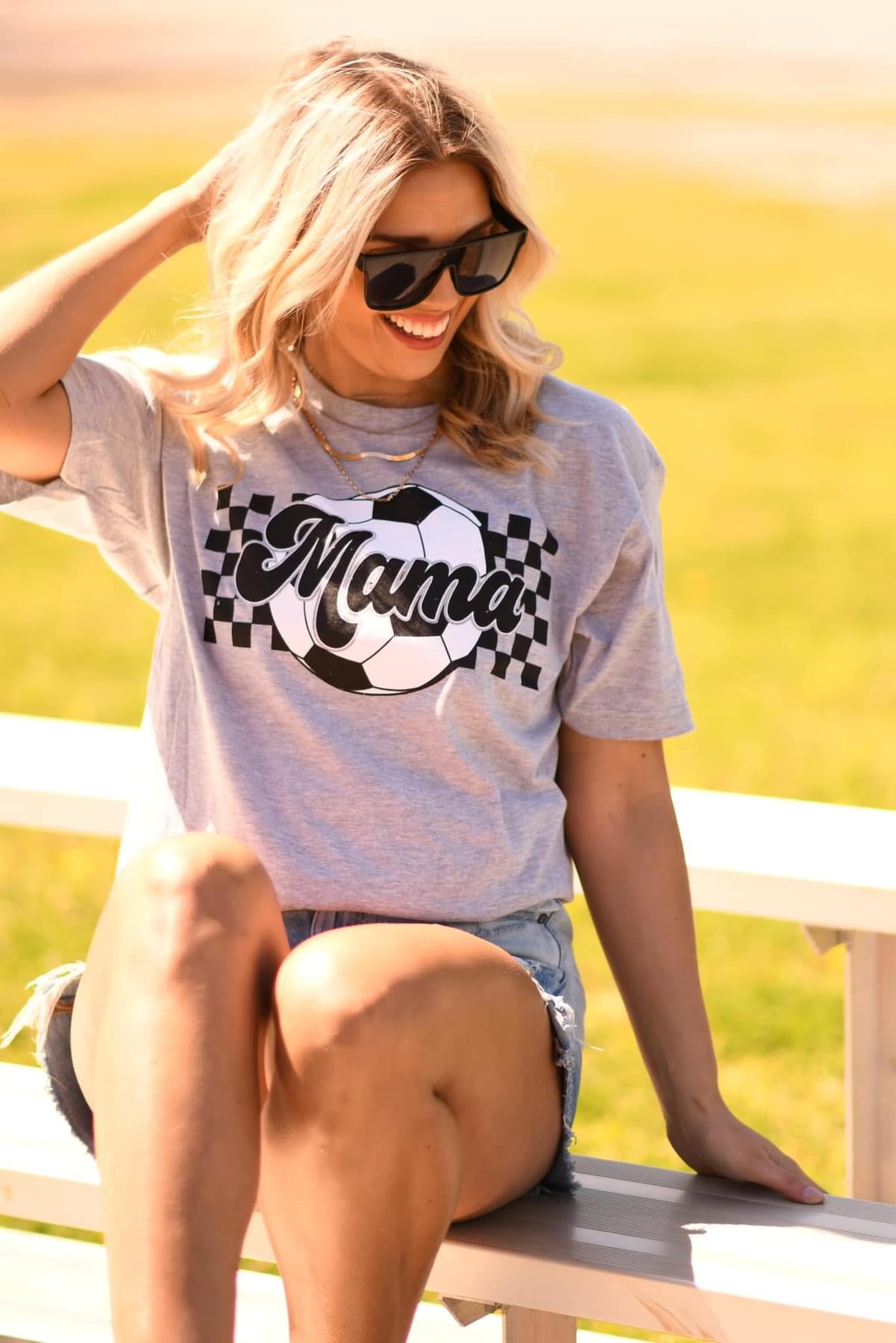 CHECKERED SOCCER MAMA - GREY TEE