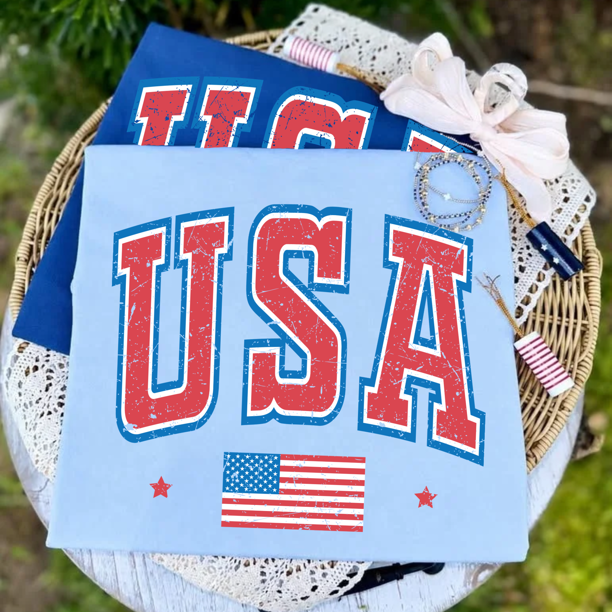 Basic USA with Flag - Light Blue Tee