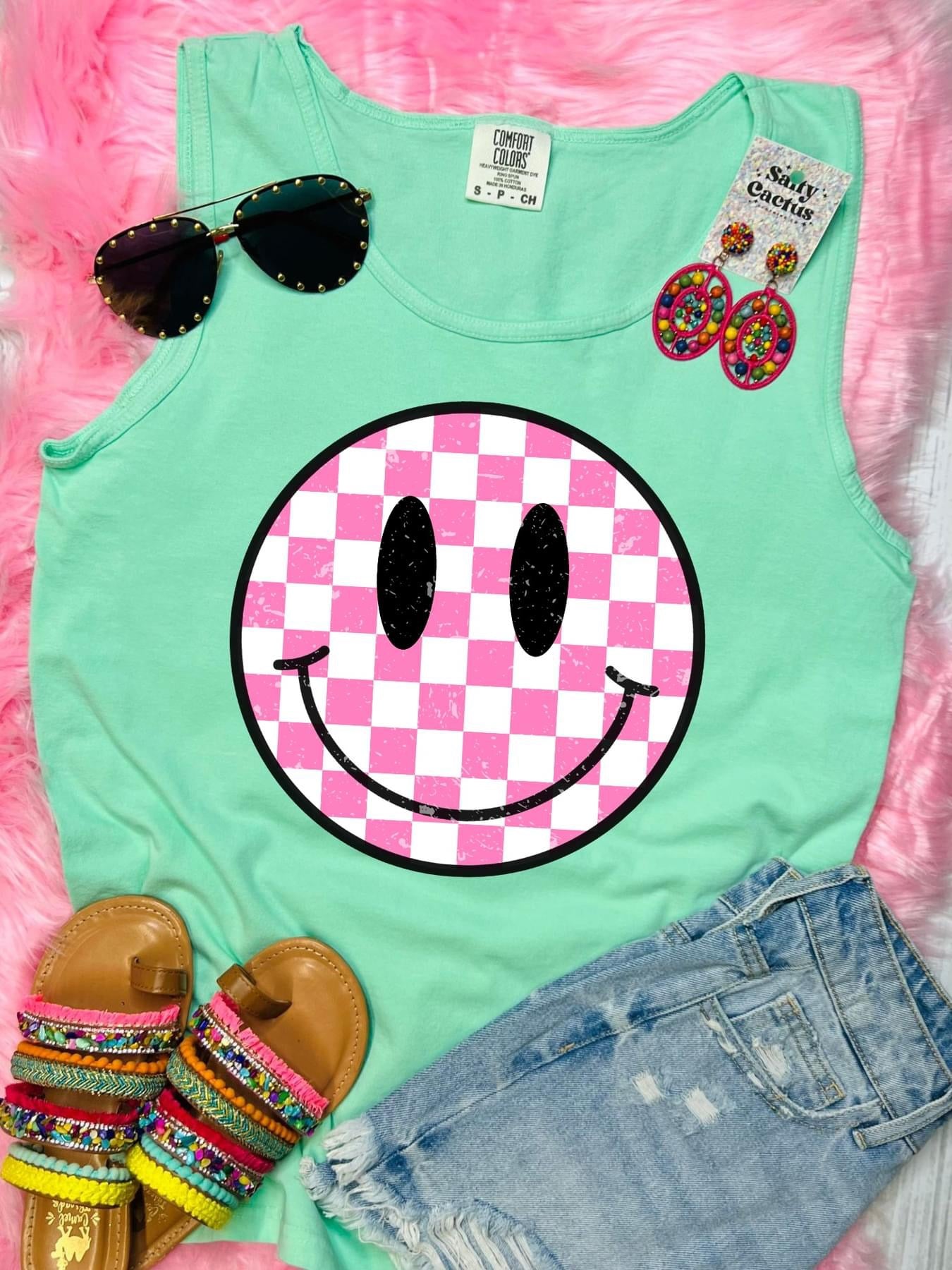 Pink Checkered Smiley Green Comfort Colors Tank