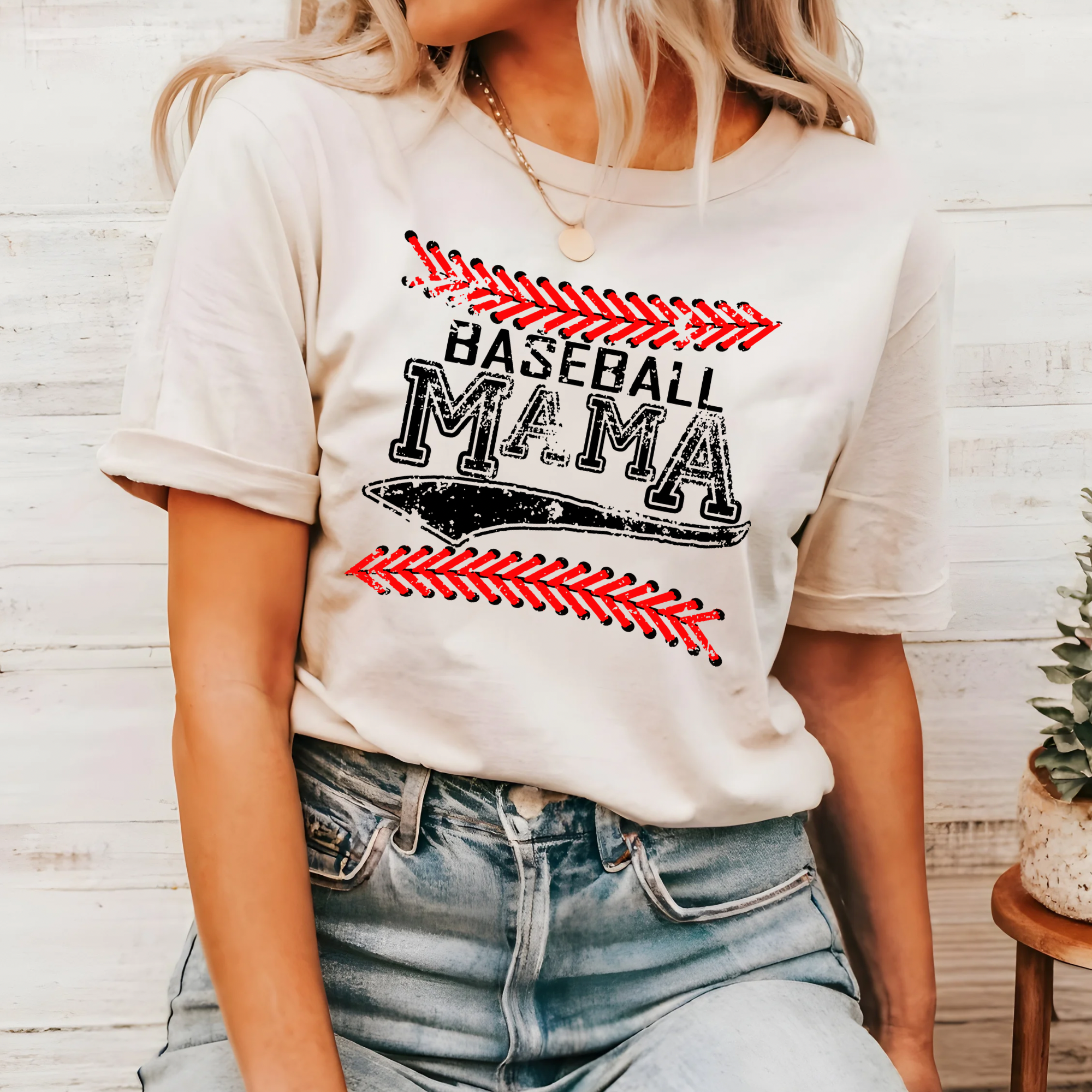 BASEBALL MAMA WITH RED LACES - NATURAL TEE