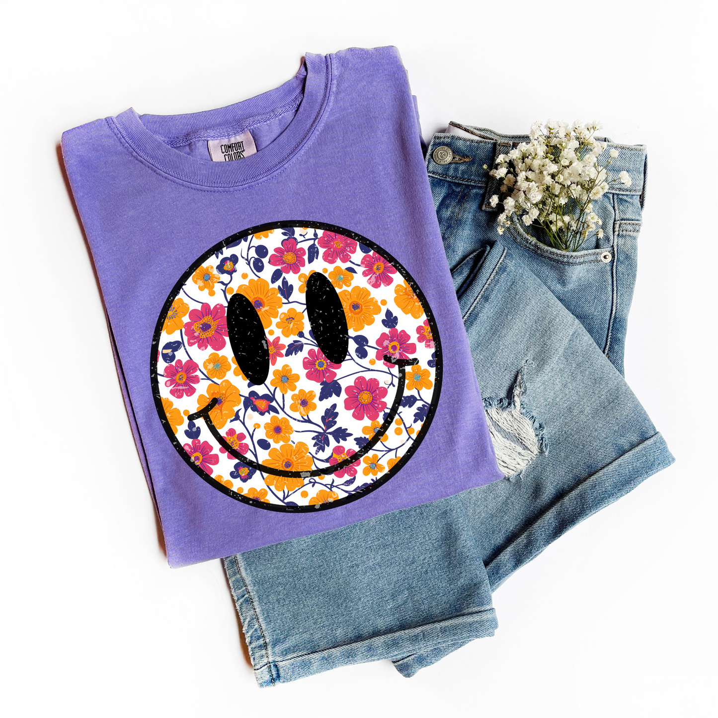 Purple Floral Smiley Comfort Colors Tee