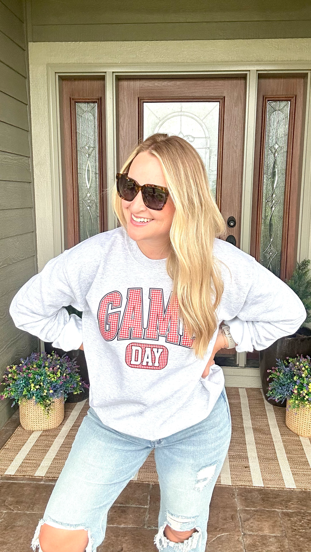 Red Checkered Game Day - Ash Crewneck