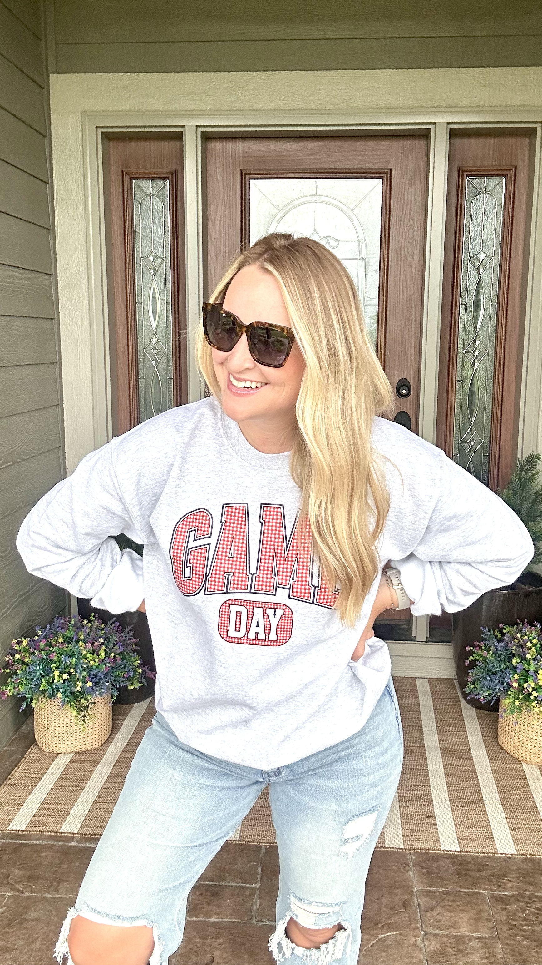 Red Checkered Game Day - Ash Crewneck