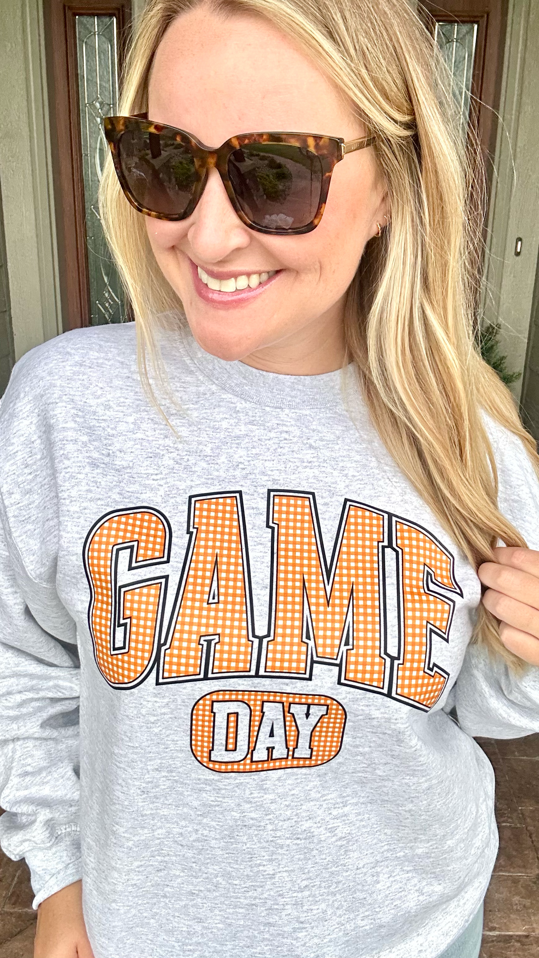 Orange Checkered Game Day - Ash Crewneck