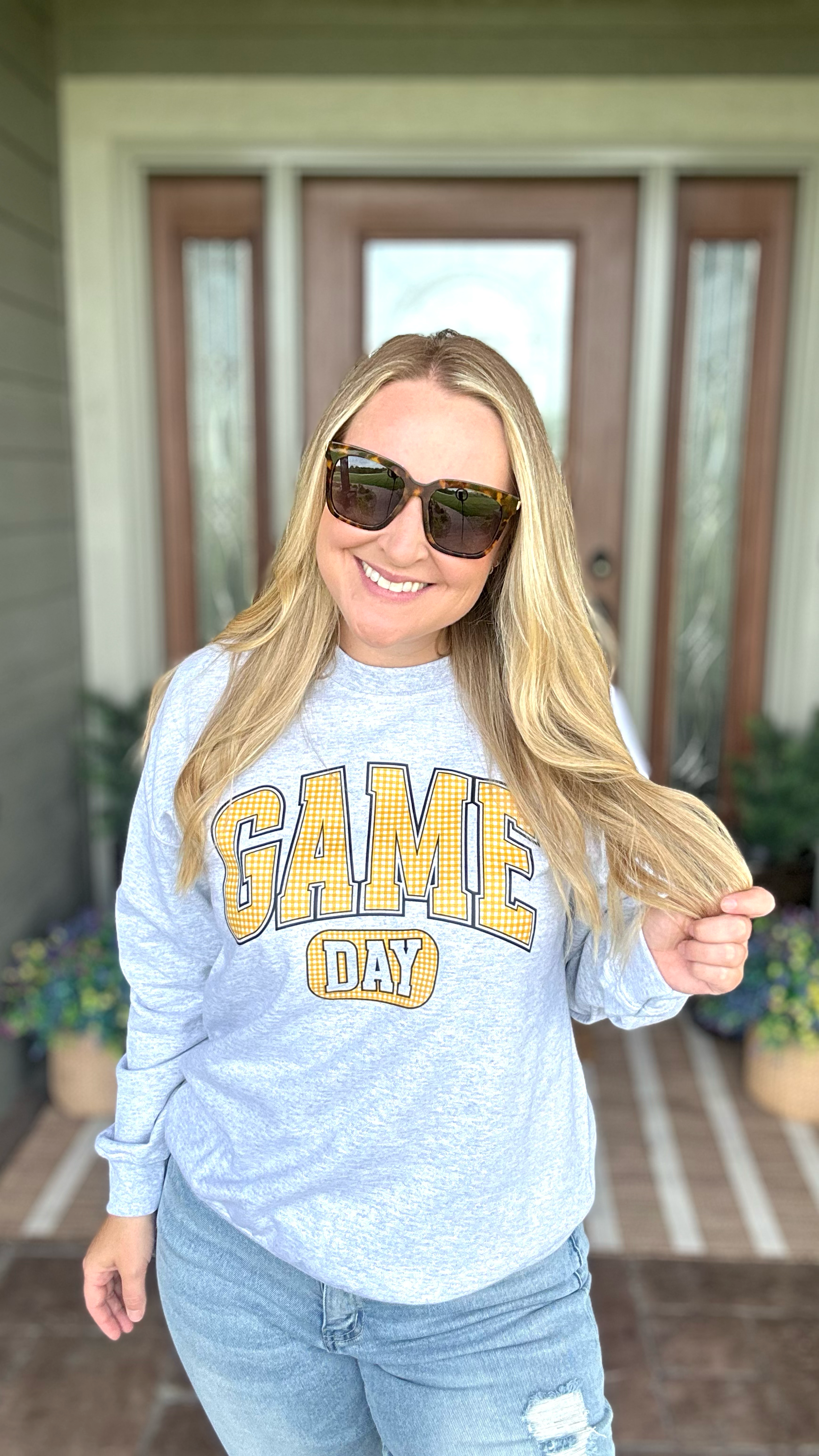 Gold Checkered Game Day - Ash Crewneck