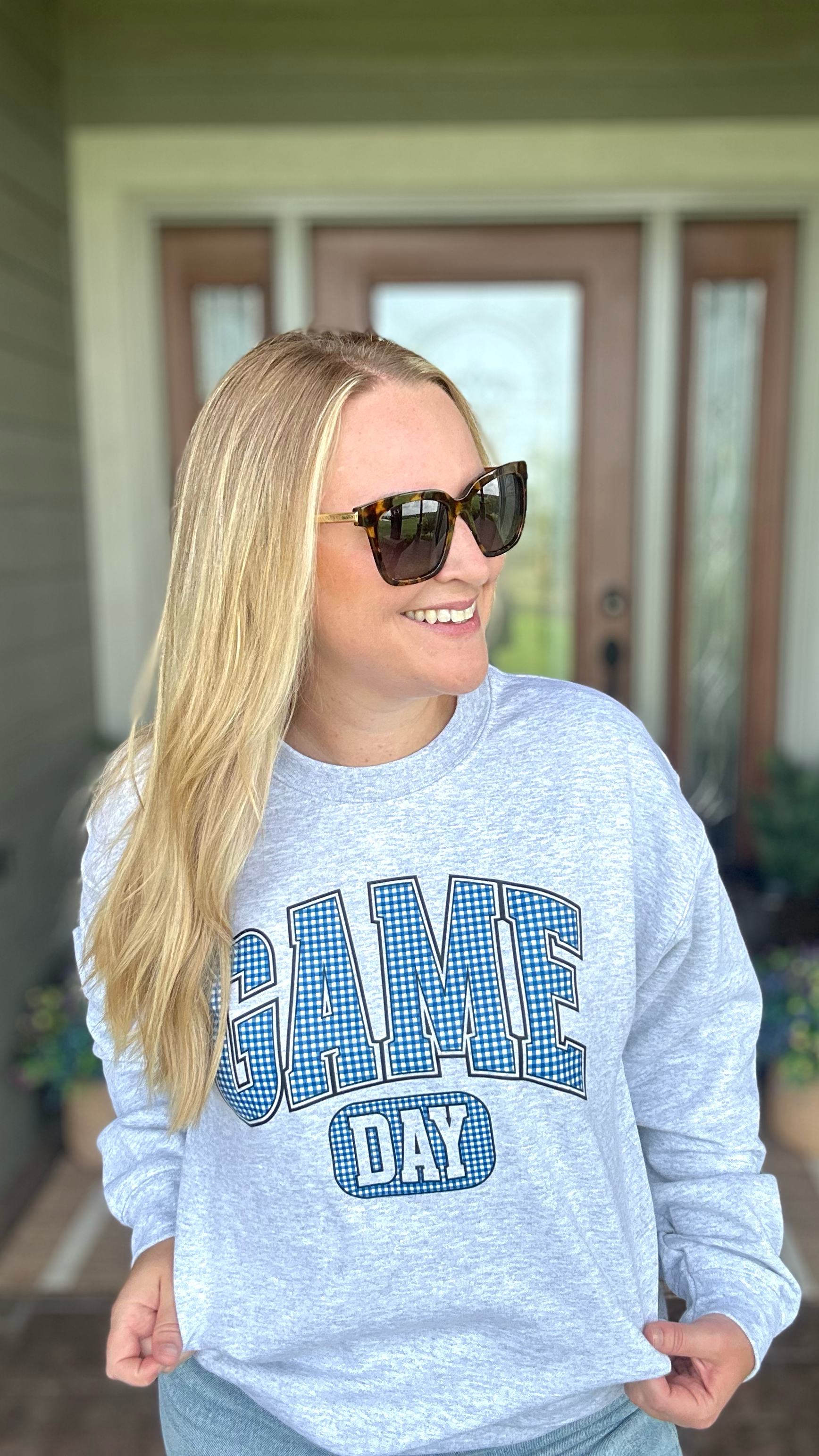 Blue Checkered Game Day - Ash Crewneck