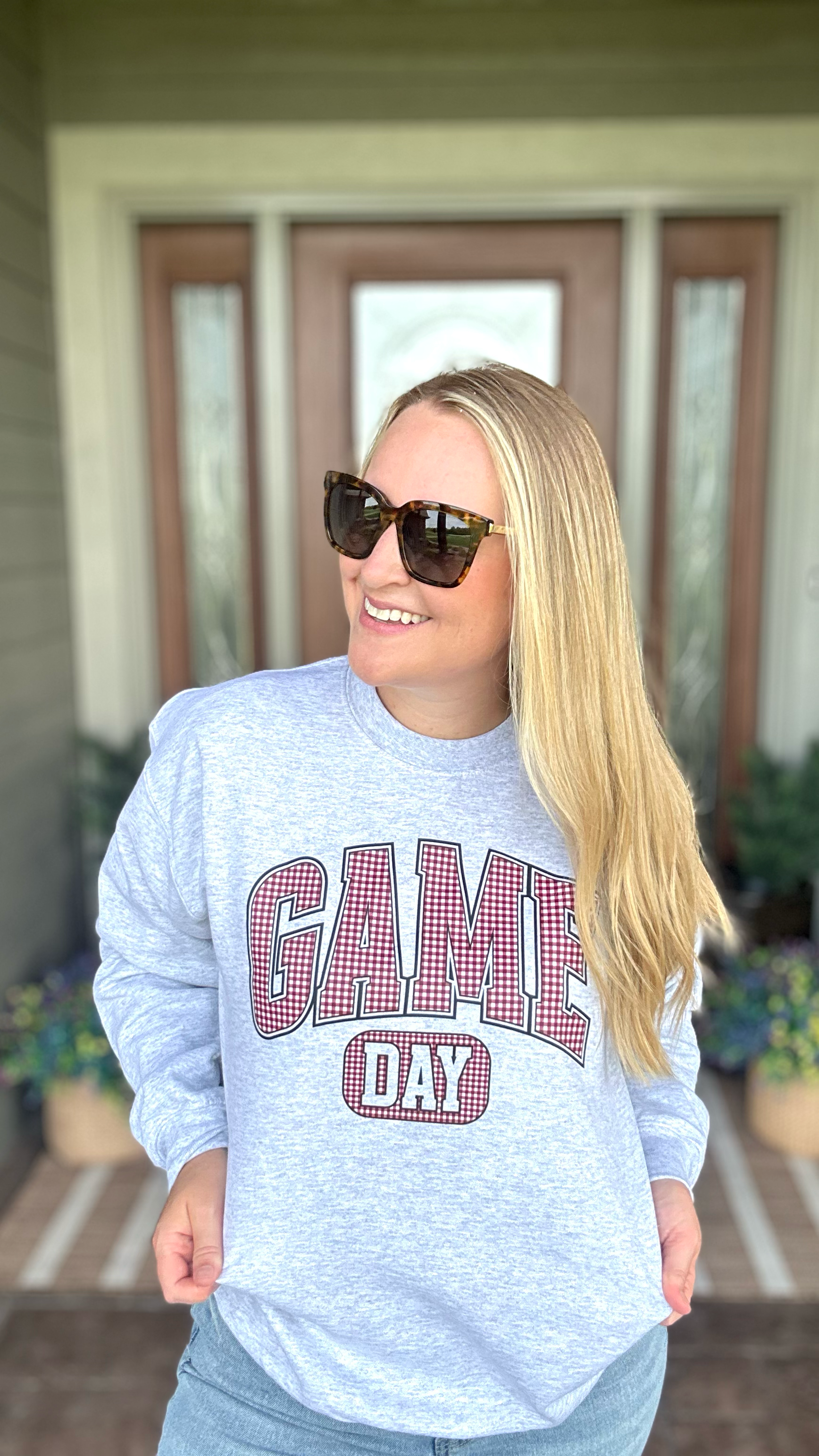 Maroon Checkered Game Day - Ash Crewneck