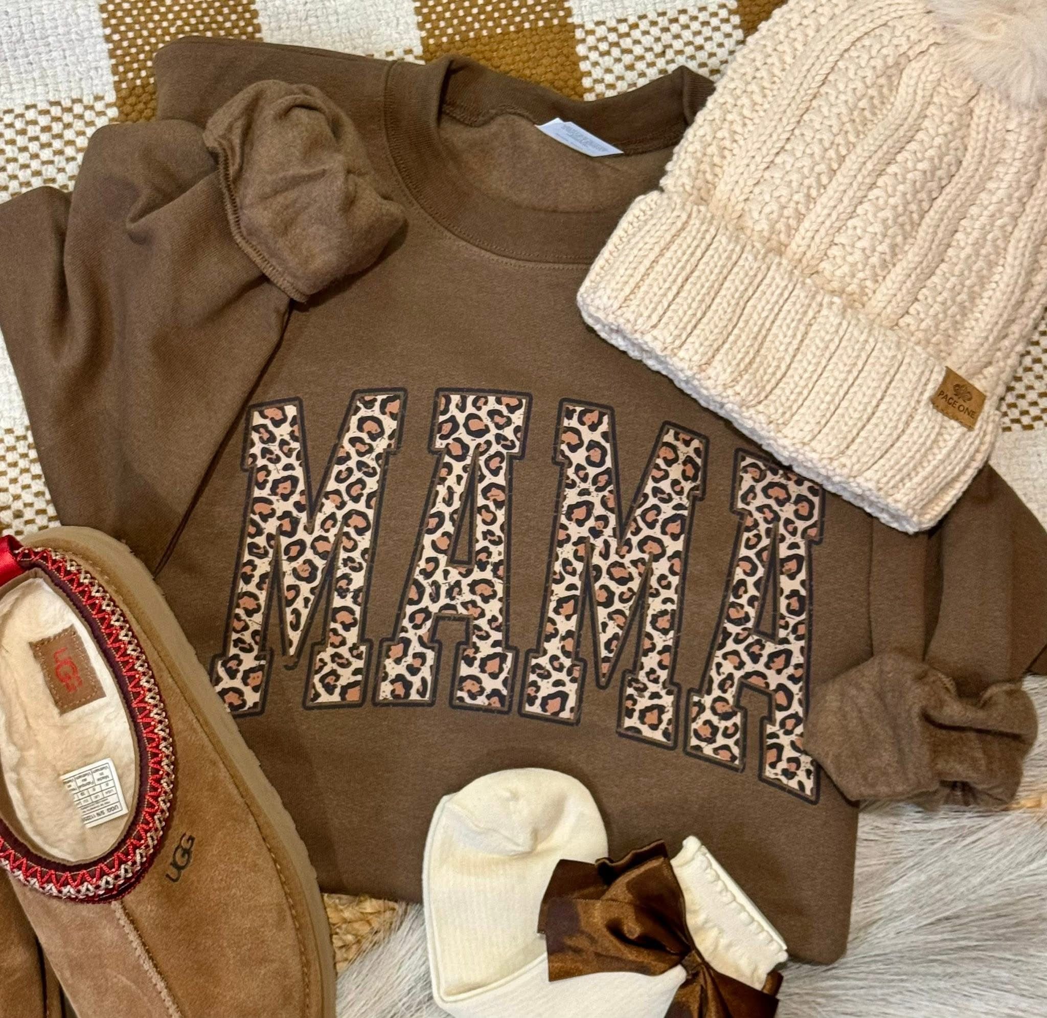 Distressed Leopard Mama - Brown Crewneck Sweatshirt