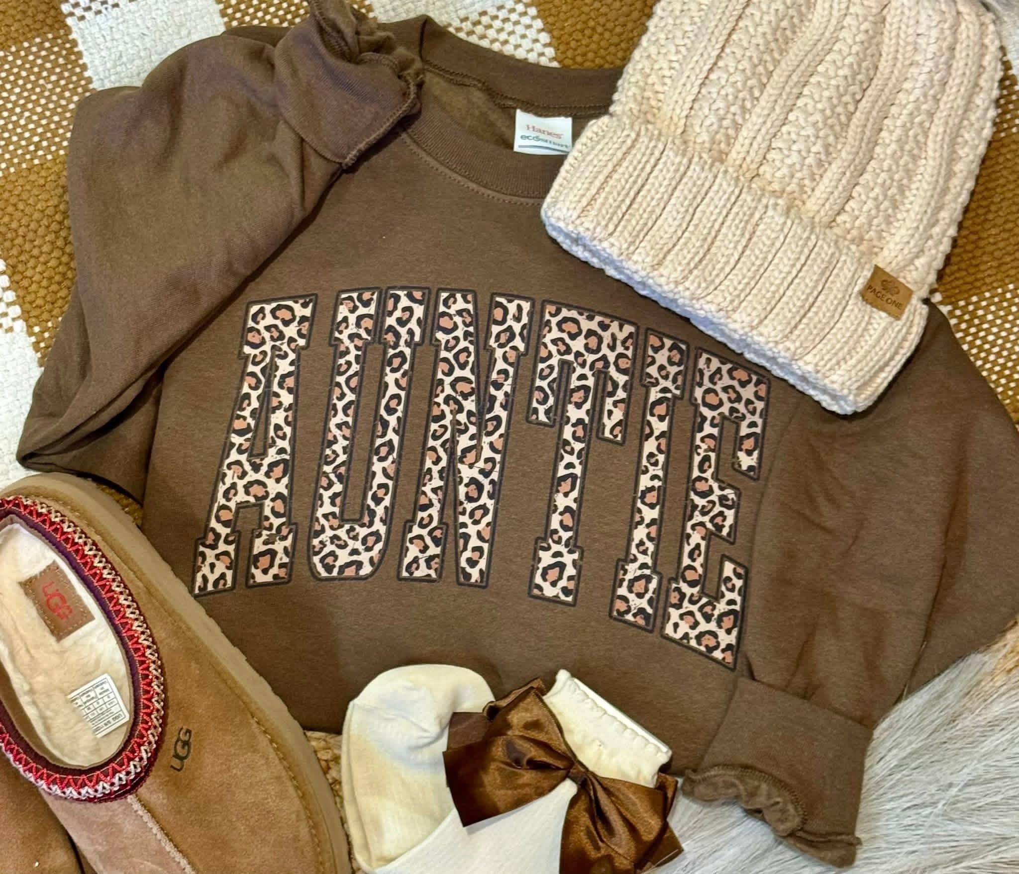 Distressed Leopard Auntie - Brown Crewneck Sweatshirt