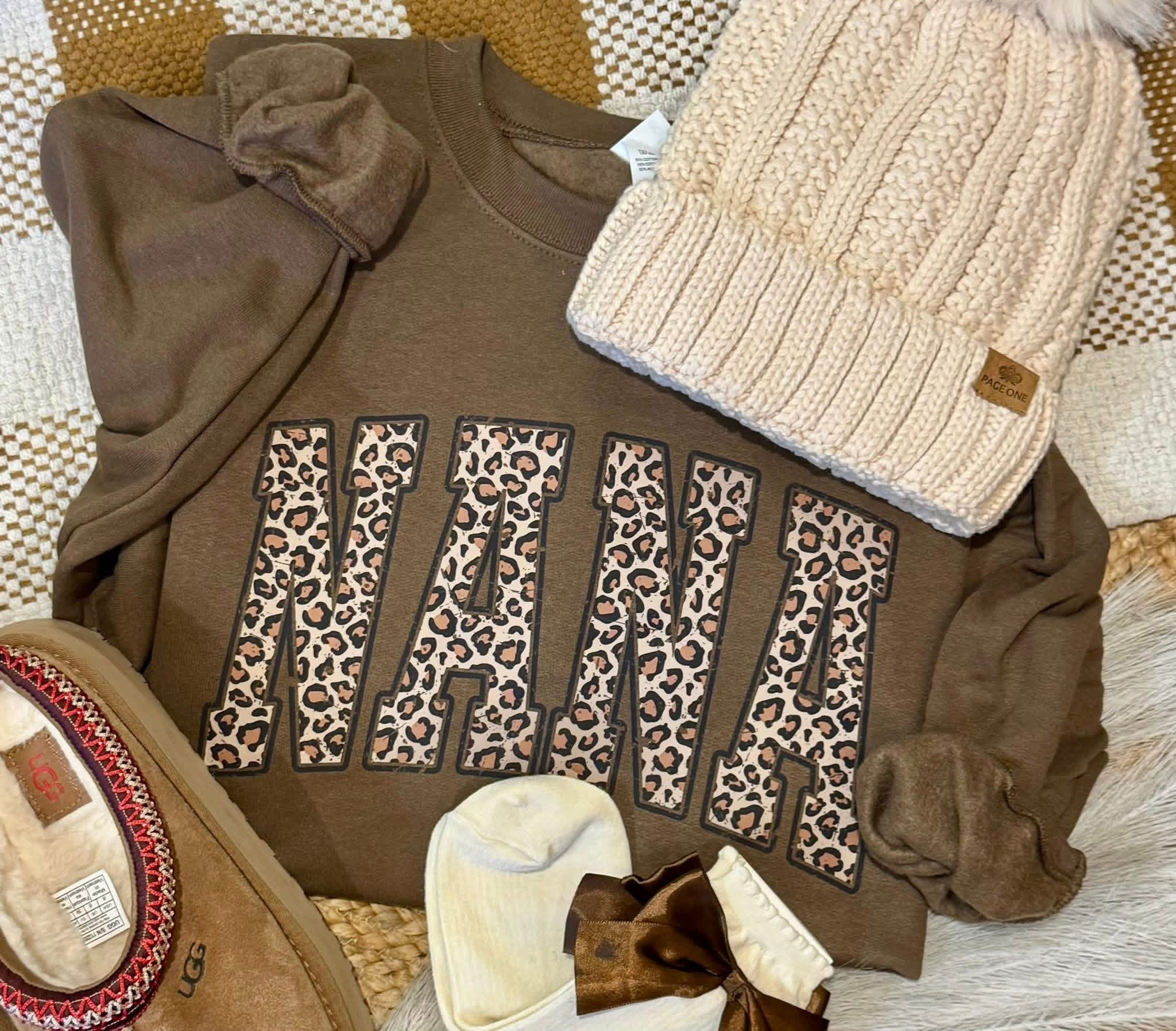 Distressed Leopard Nana - Brown Crewneck Sweatshirt