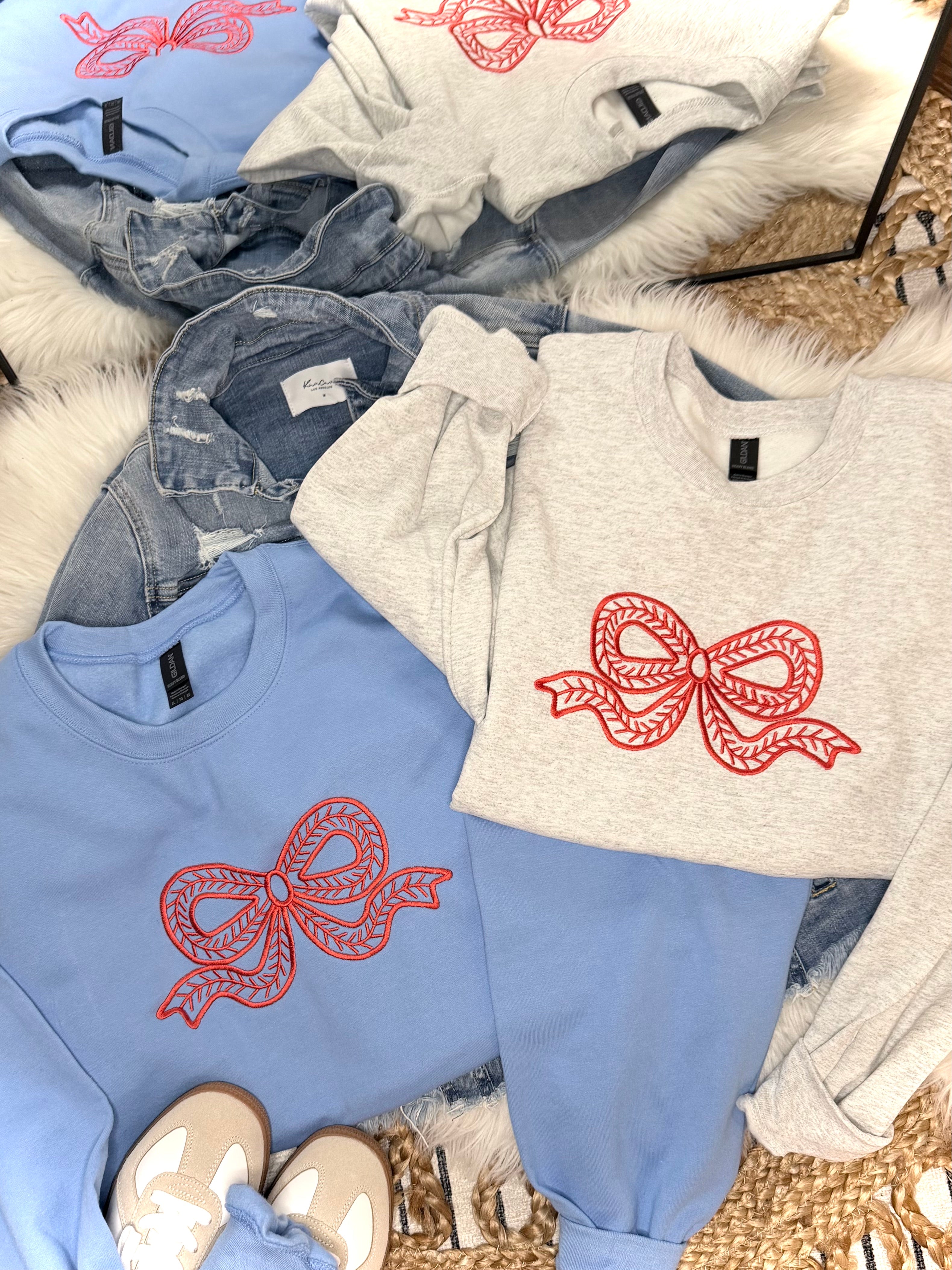 Embroidered Baseball Lace Coquette Bow - Light Blue Crewneck