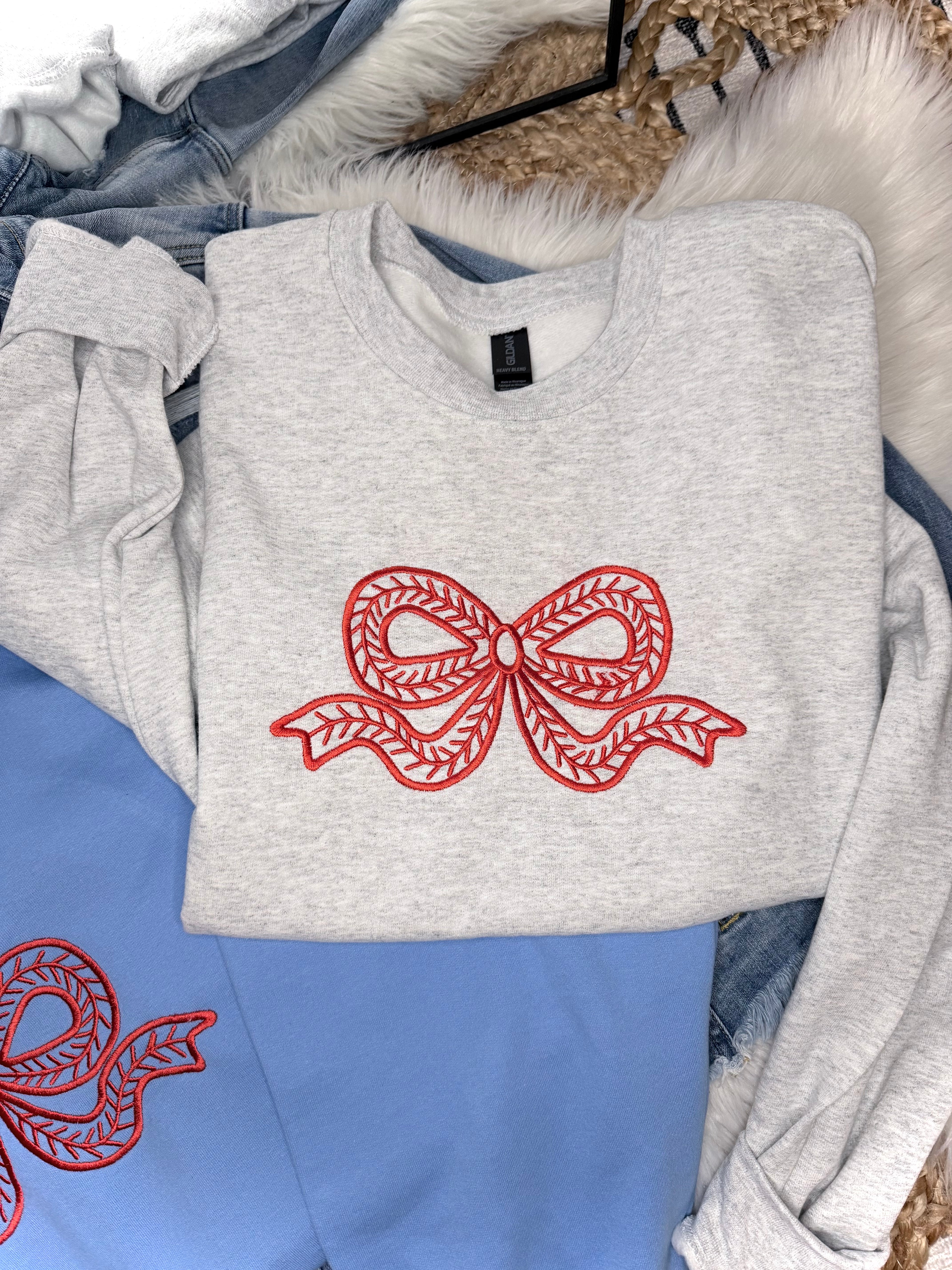 Embroidered Baseball Lace Coquette Bow - Ash Crewneck
