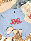 Embroidered Baseball Lace Coquette Bow - Light Blue Crewneck