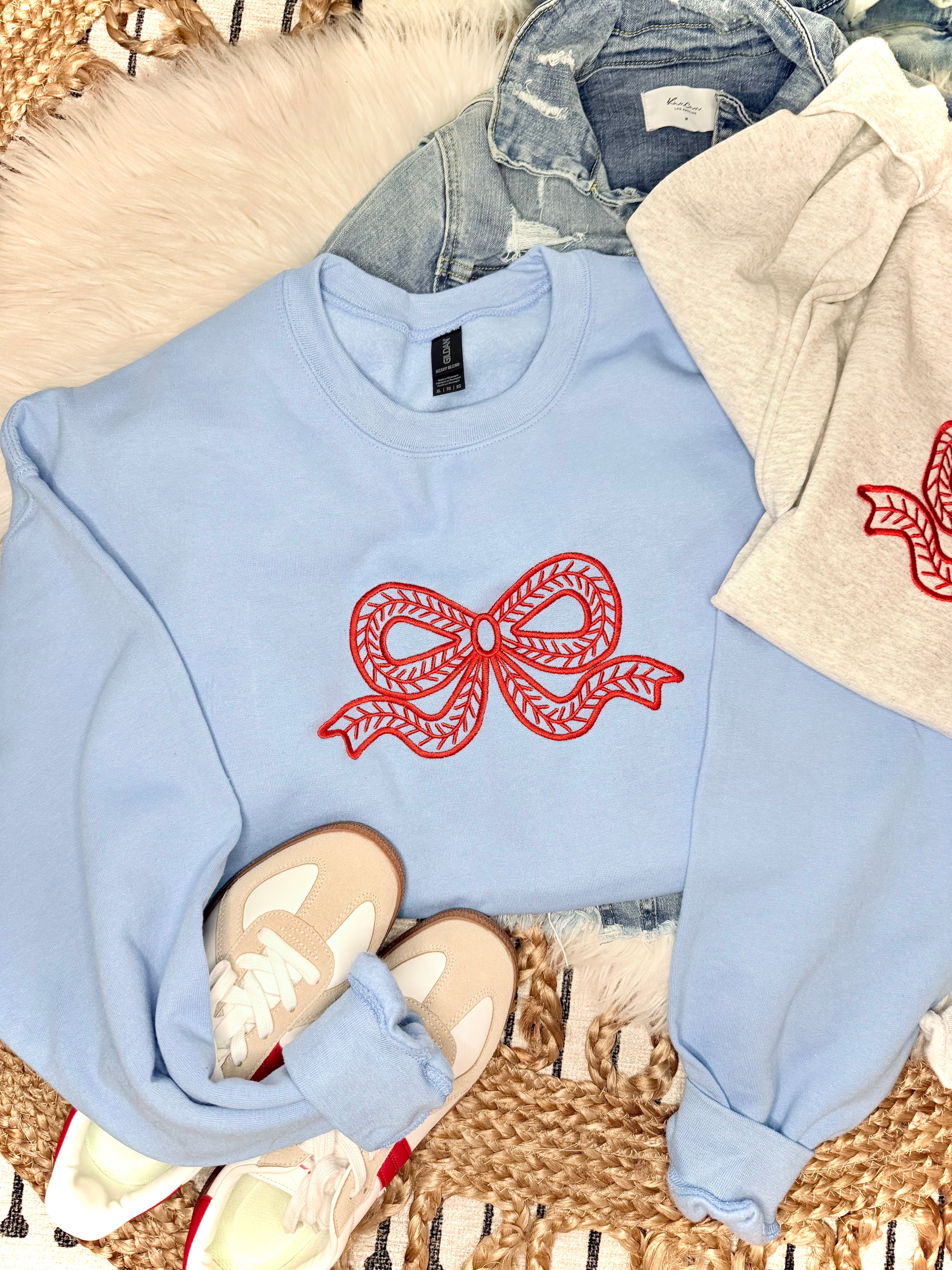 Embroidered Baseball Lace Coquette Bow - Light Blue Crewneck