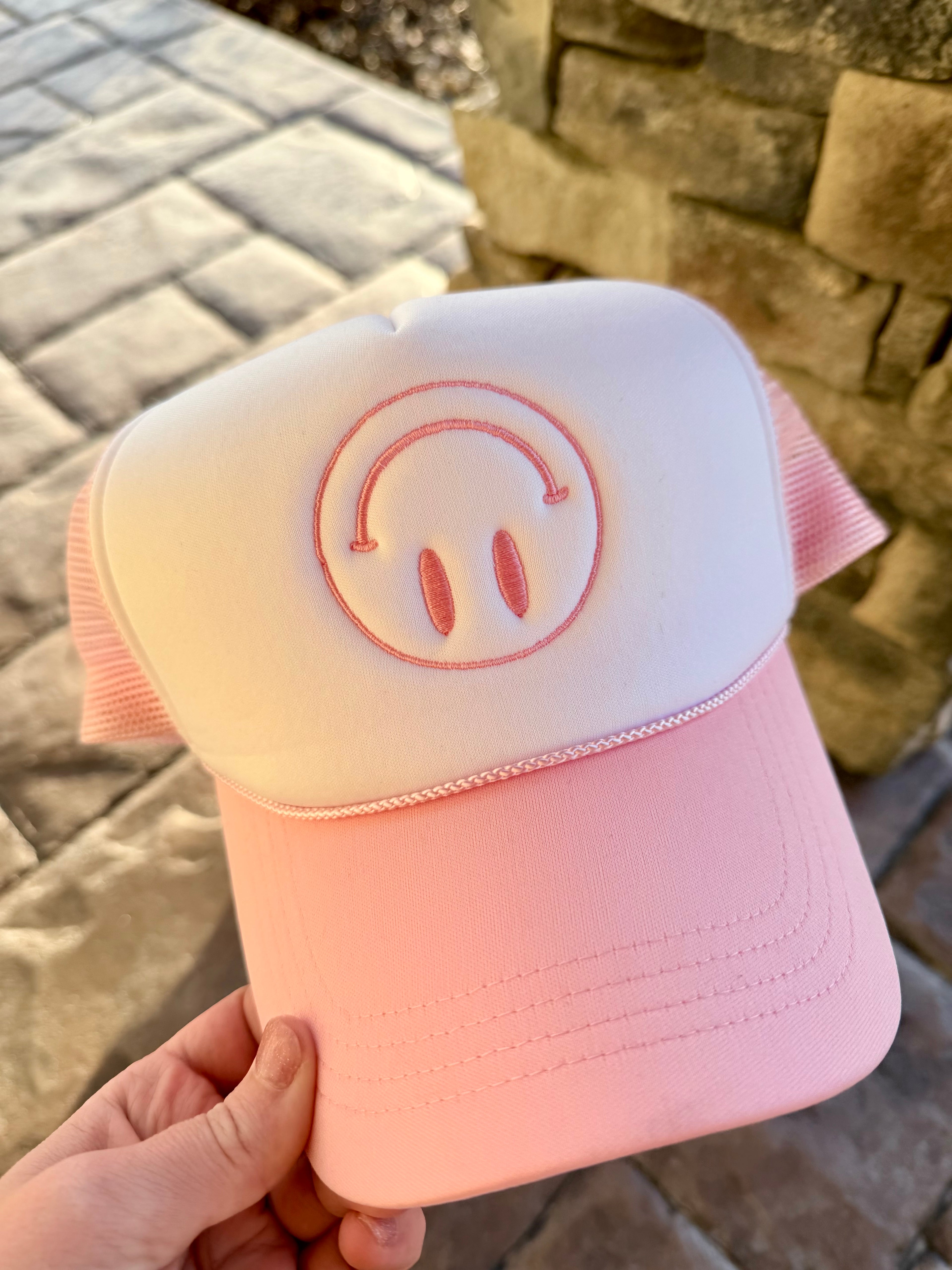 Upside Down Smiley Pink Foam Trucker Hat