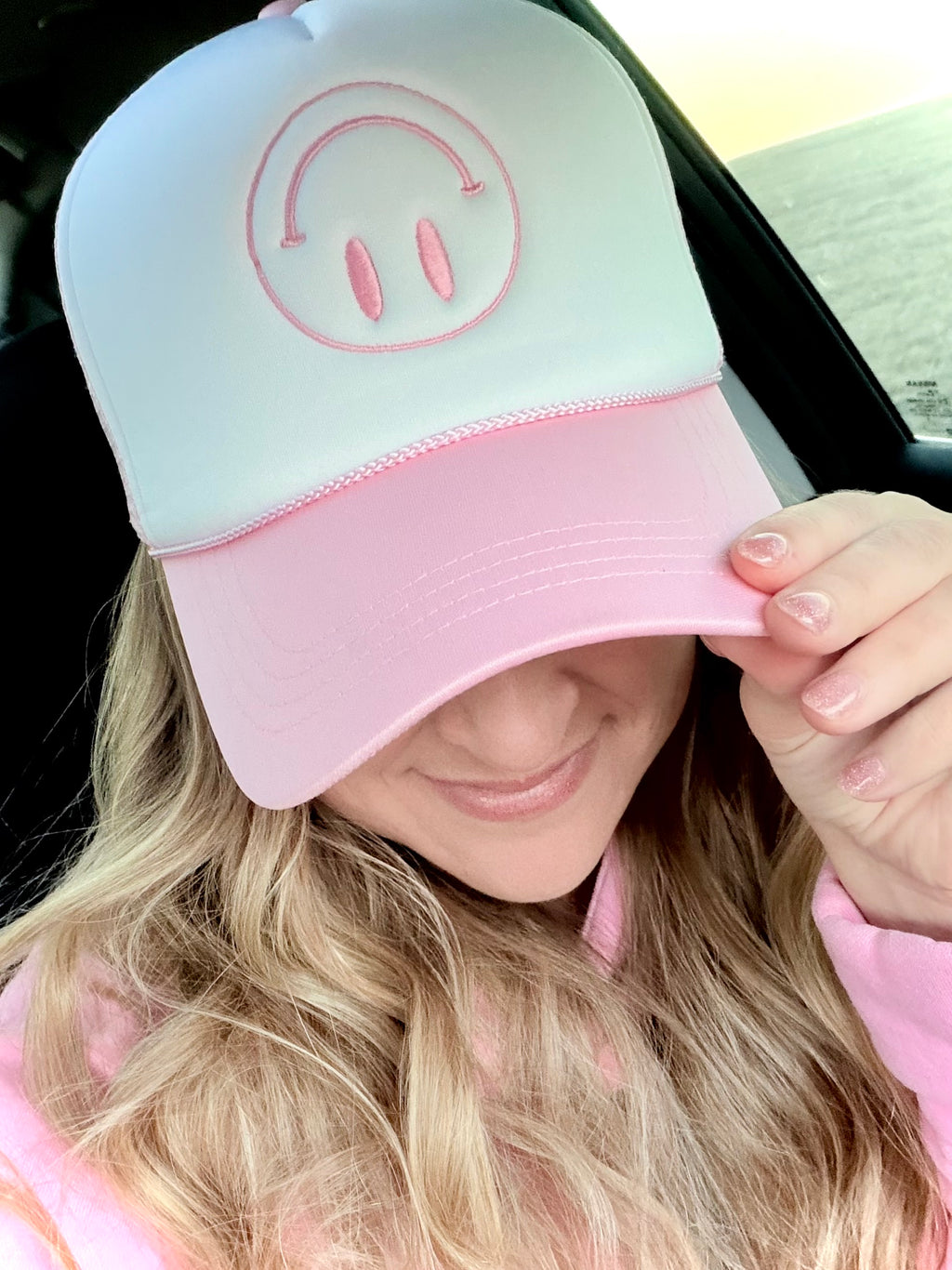 Upside Down Smiley Pink Foam Trucker Hat