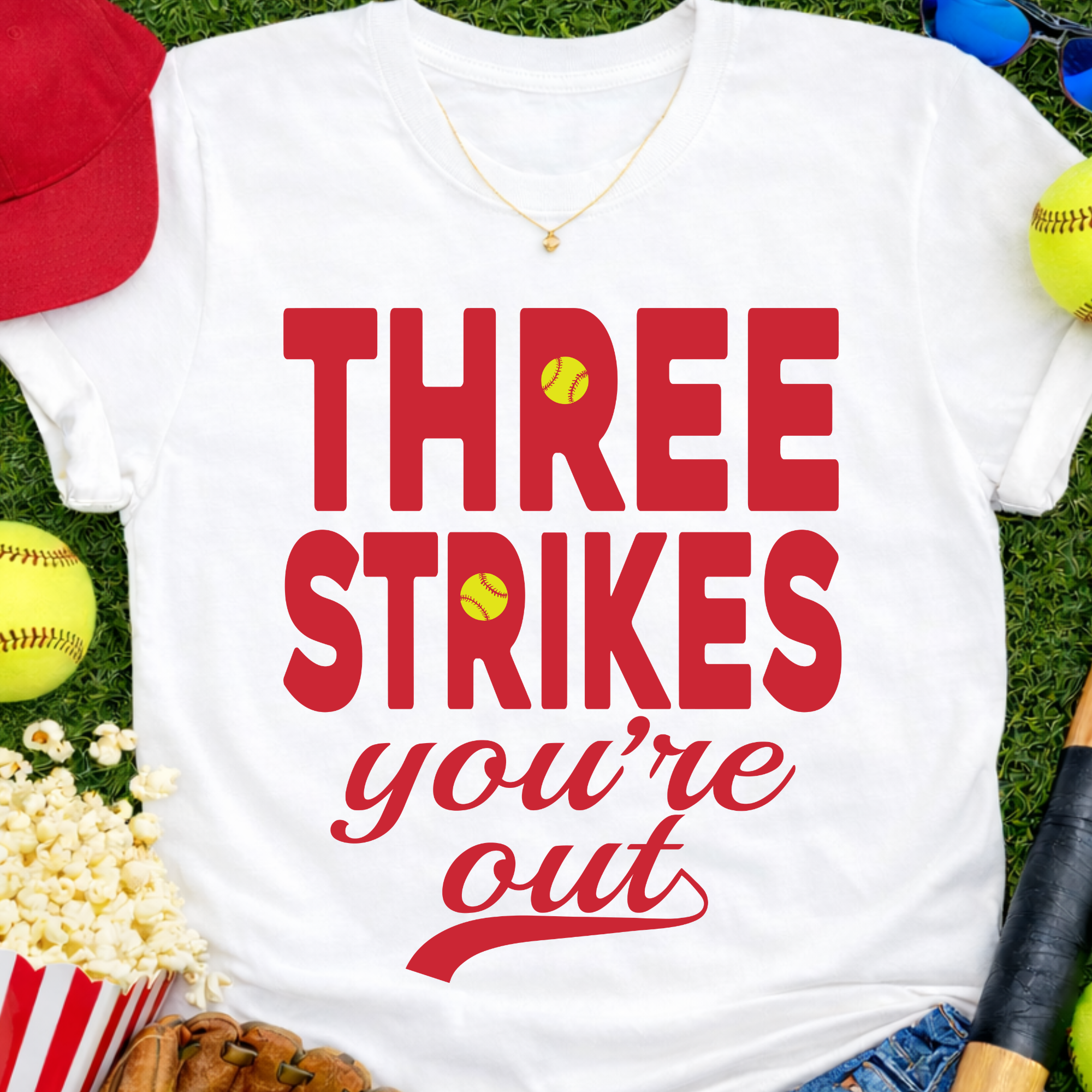 Softball Themed Three Strikes You're Out - White Tee