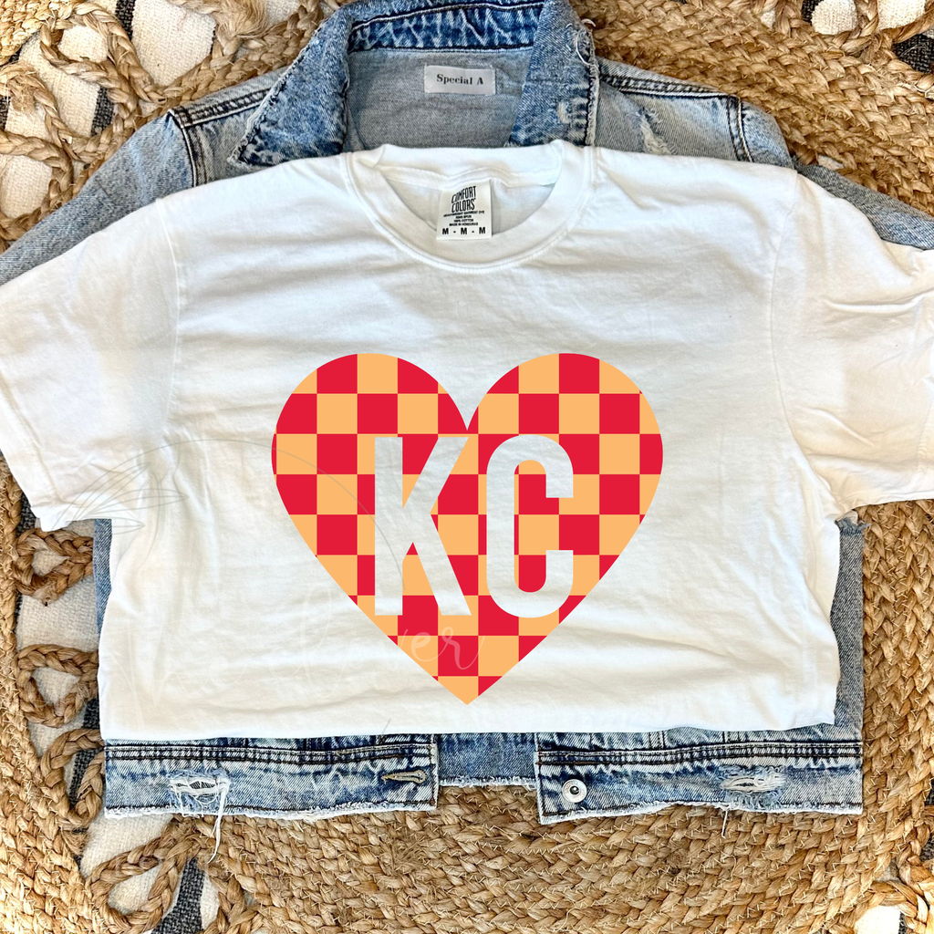 RED/YELLOW CHECKERED KC HEART - WHITE TEE