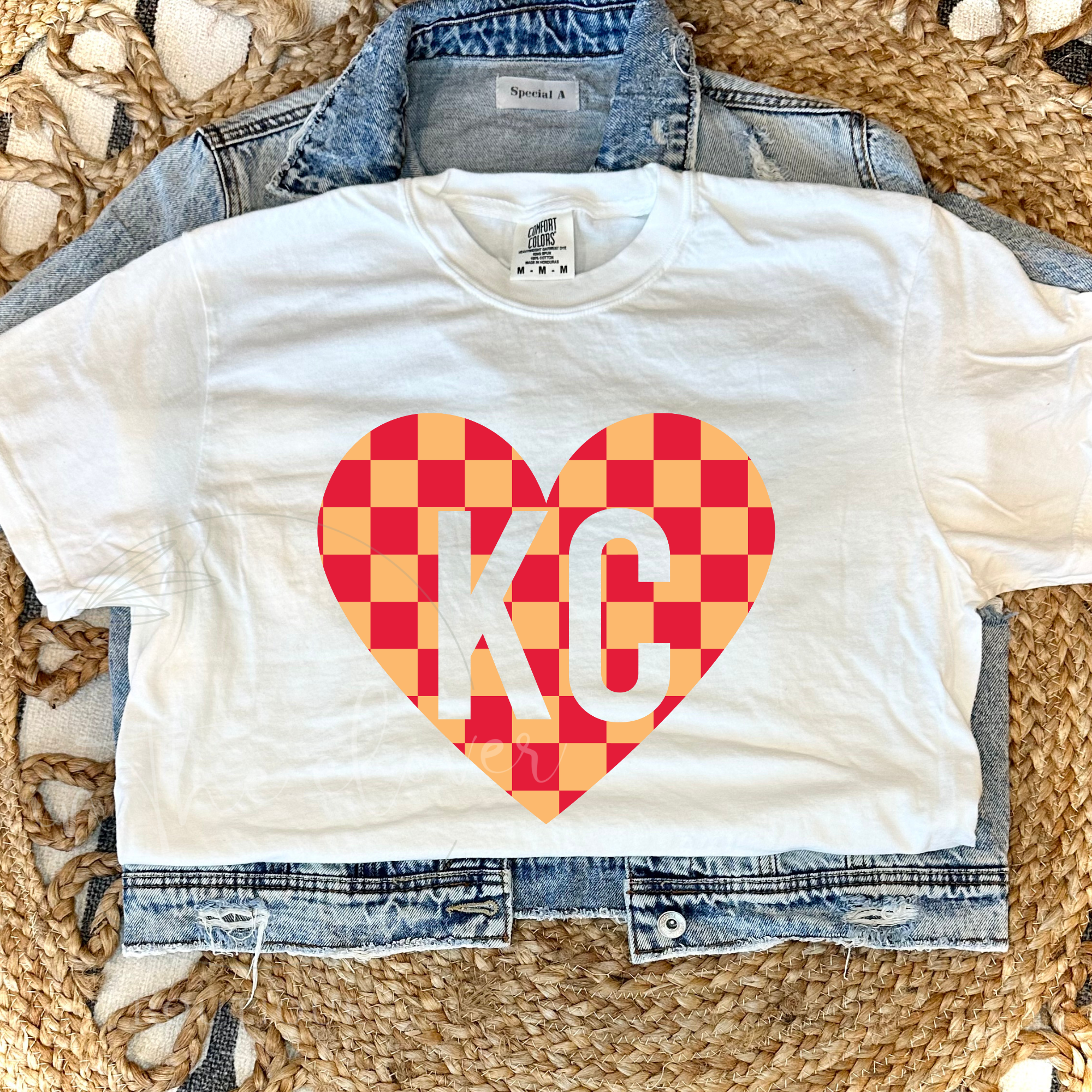 RED/YELLOW CHECKERED KC HEART - WHITE TEE