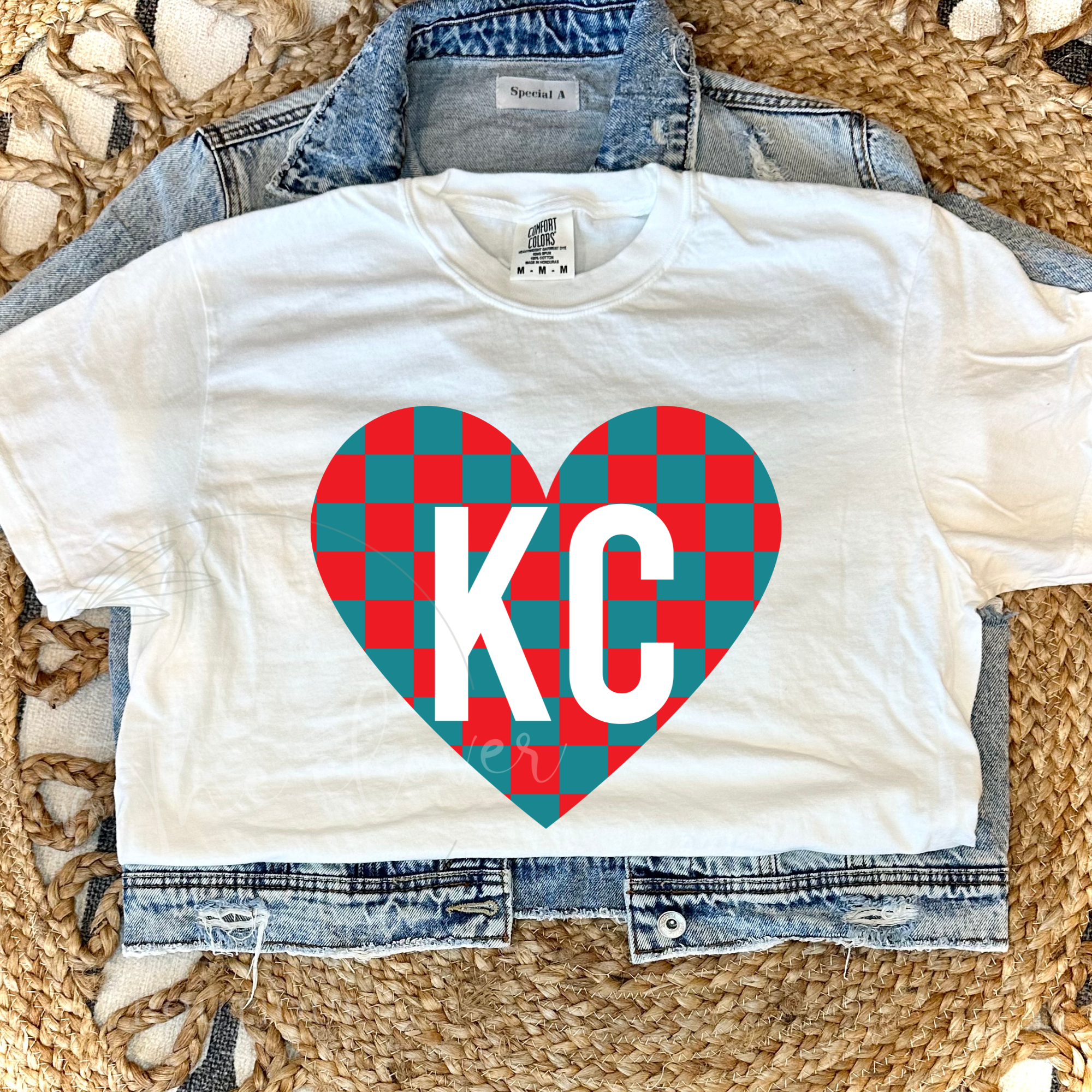 TEAL/RED CHECKERED KC HEART - WHITE TEE
