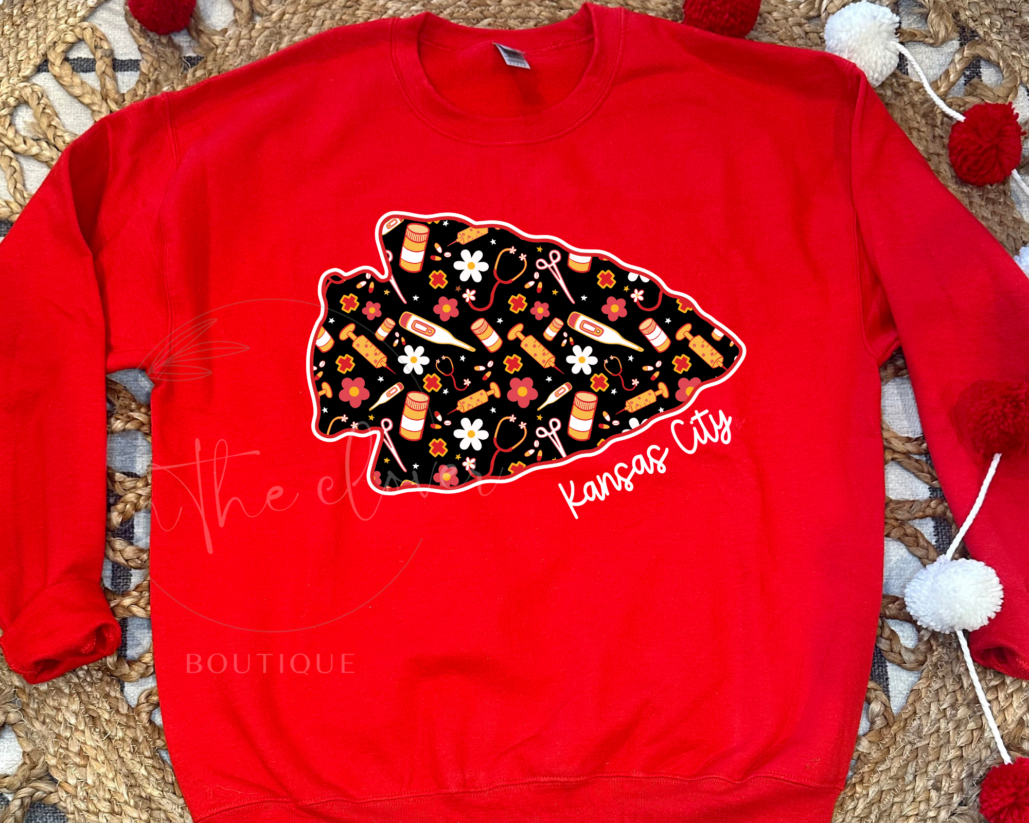 RETRO NURSE THEMED ARROWHEAD- RED CREWNECK SWEATSHIRT