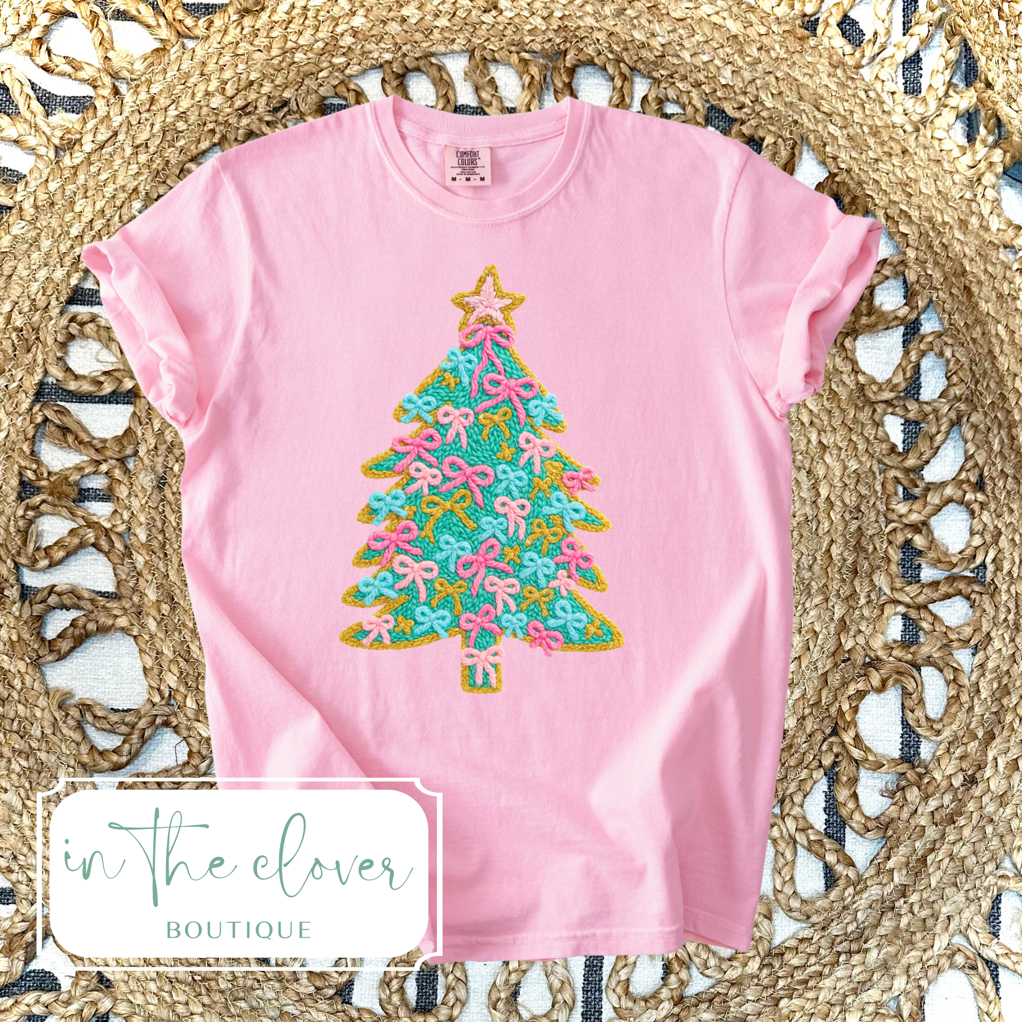 Christmas Tree with Faux Yarn Bows - Light Pink Tee