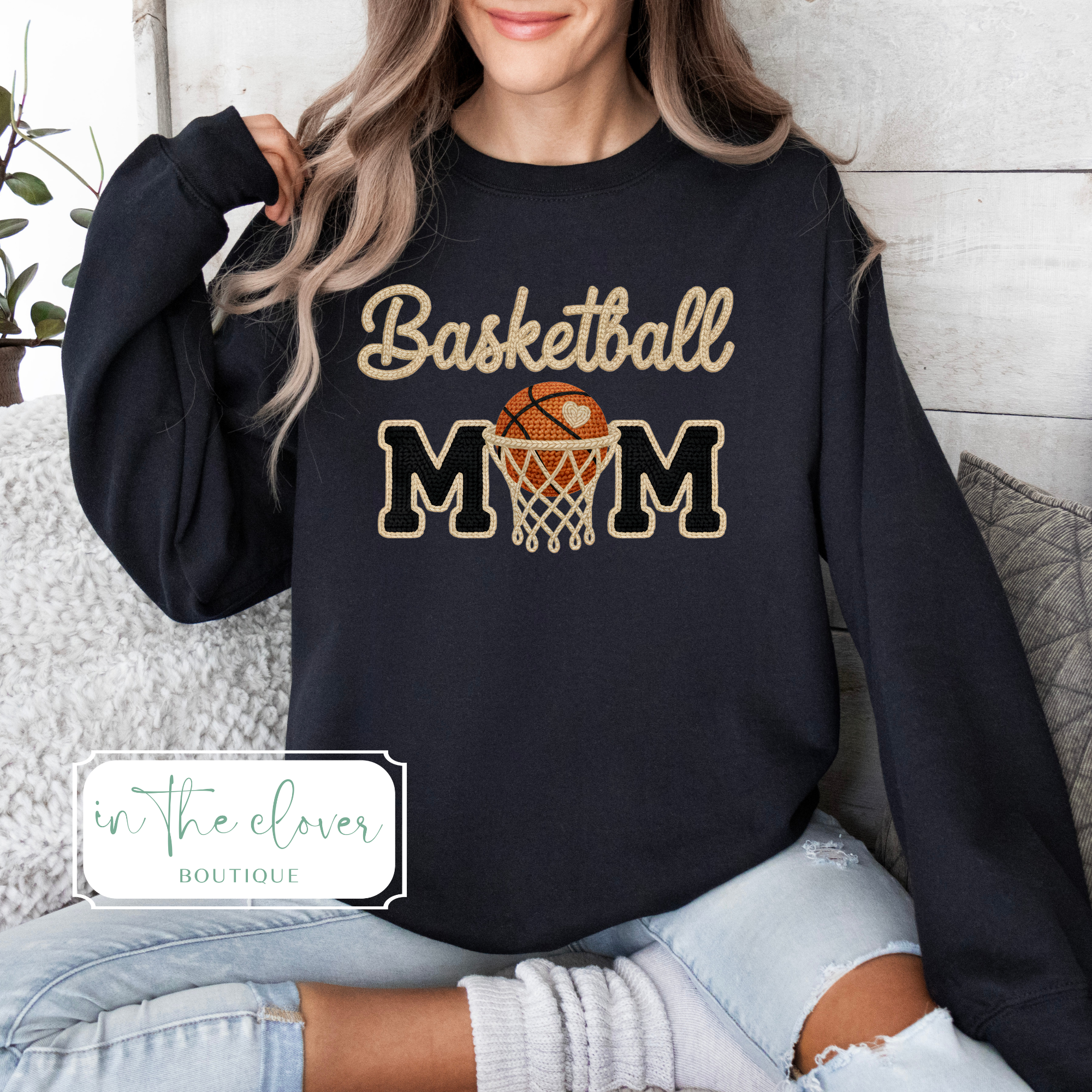 Faux Yarn Basketball Mom - Black Crewneck
